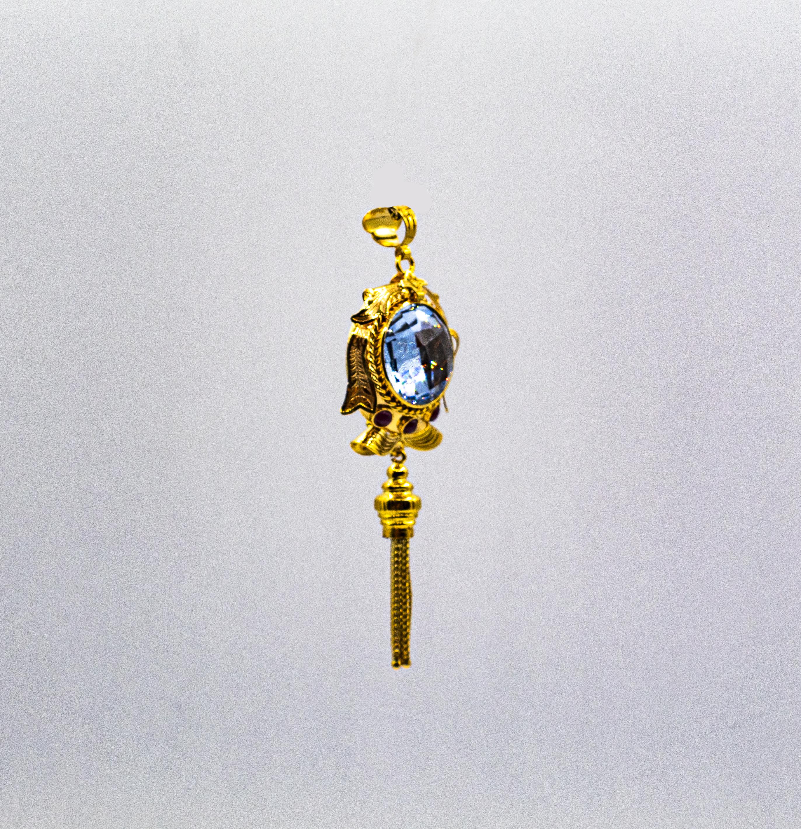 Art Deco Style Handcrafted Blue Topaz Ruby Yellow Gold Pendant Necklace In New Condition For Sale In Naples, IT