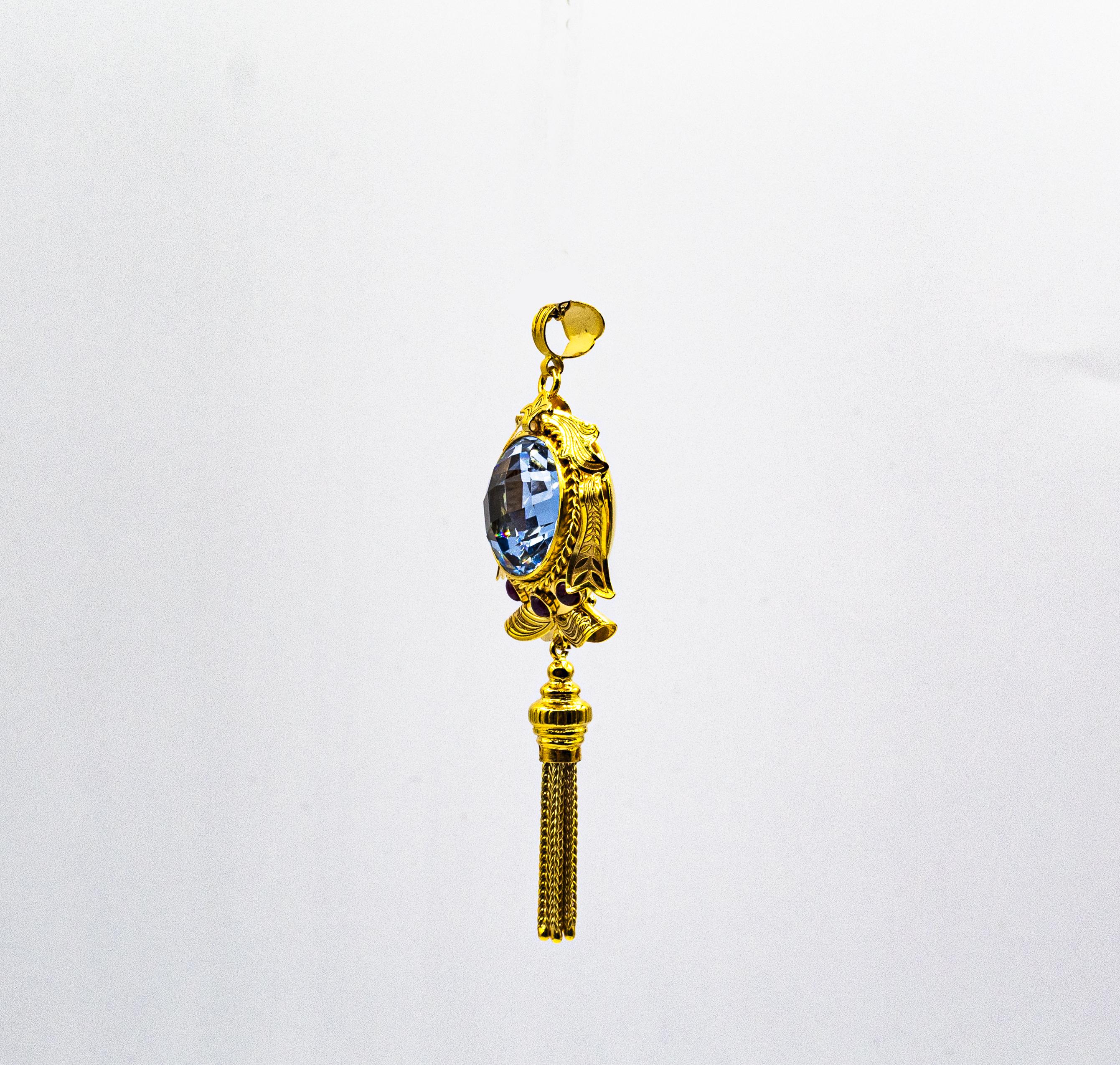 Collier pendentif de style Art déco en or jaune avec topaze bleue et rubis, fabriqué à la main en vente 2
