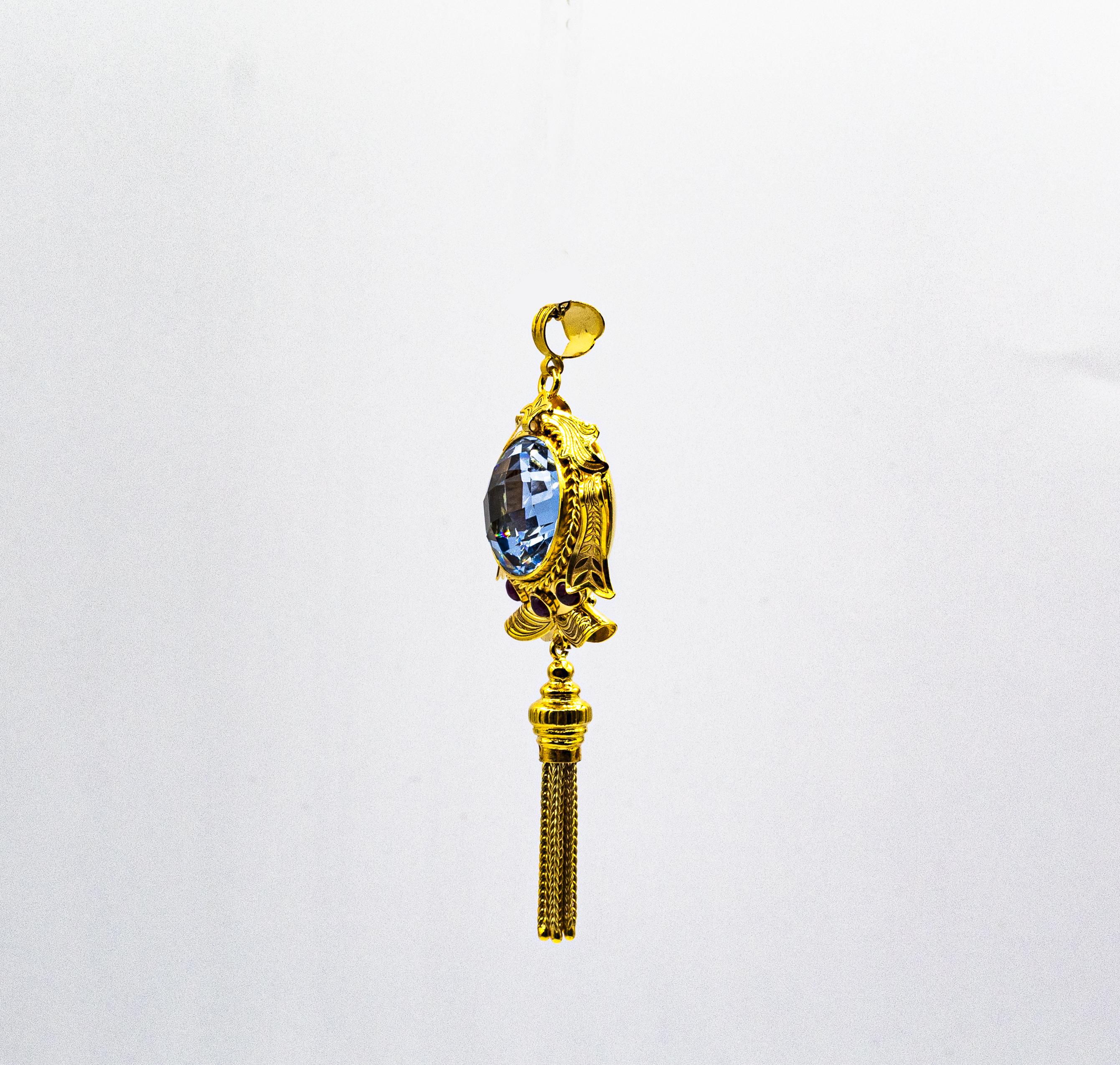 Art Deco Style Handcrafted Blue Topaz Ruby Yellow Gold Pendant Necklace For Sale 2