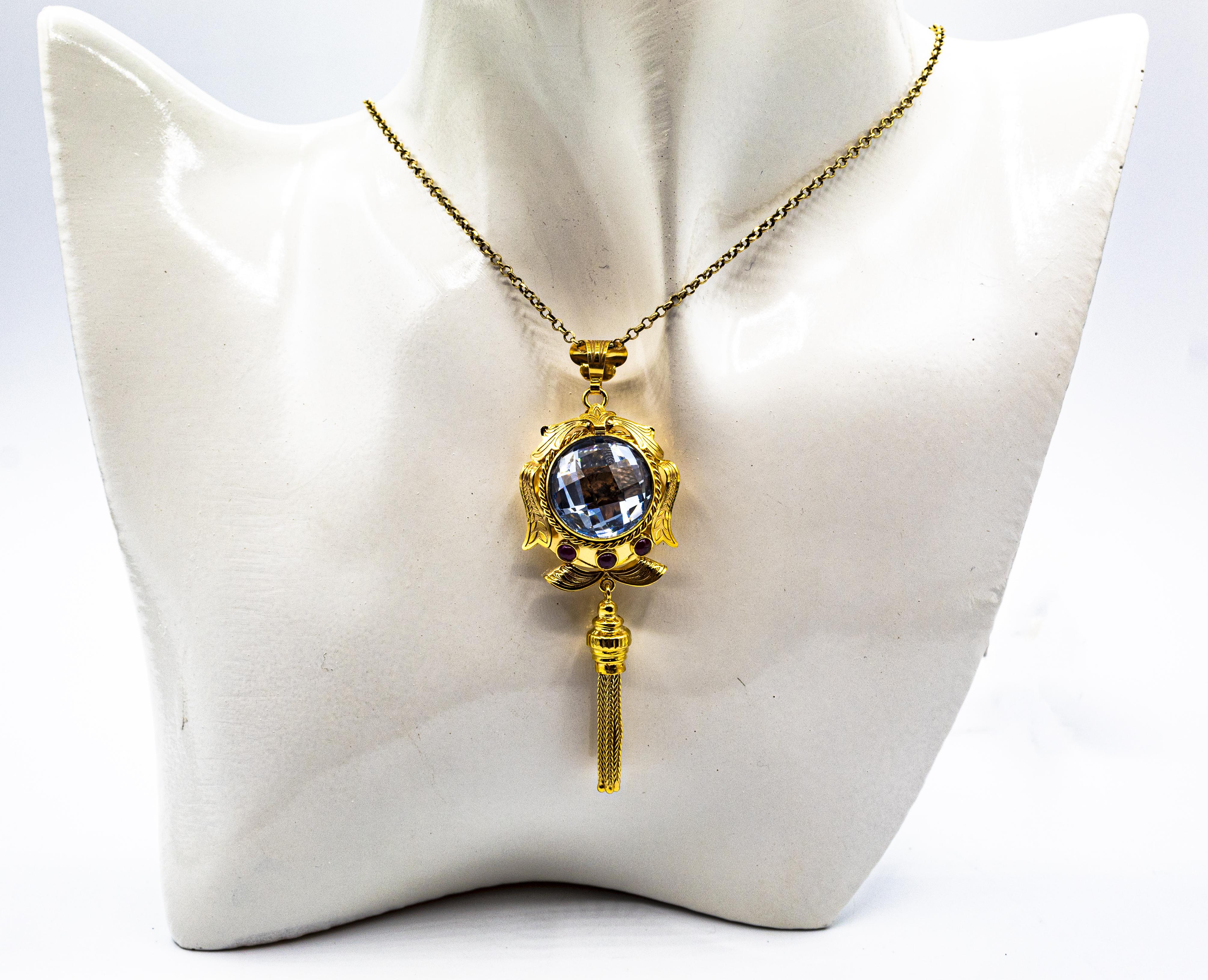 Art Deco Style Handcrafted Blue Topaz Ruby Yellow Gold Pendant Necklace 3