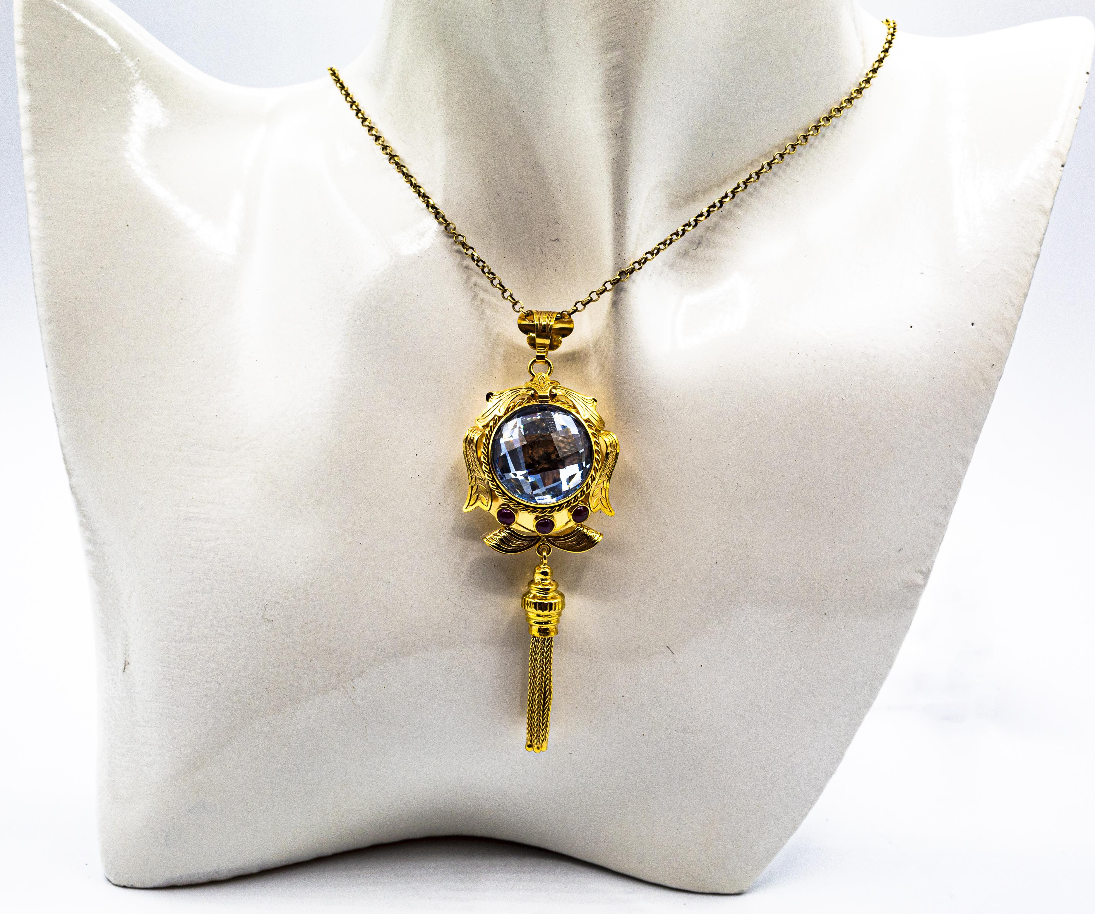Art Deco Style Handcrafted Blue Topaz Ruby Yellow Gold Pendant Necklace 4
