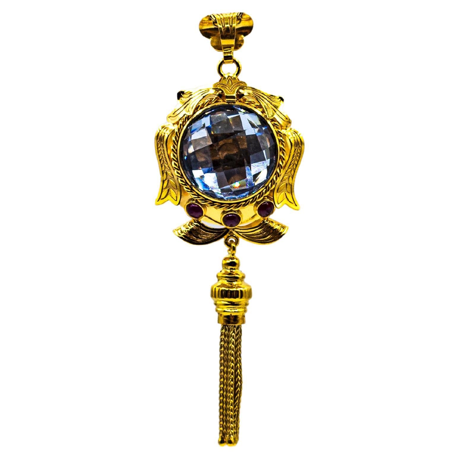 Halskette mit Anhänger im Art-déco-Stil, handgefertigter blauer Topas, Rubin, Gelbgold