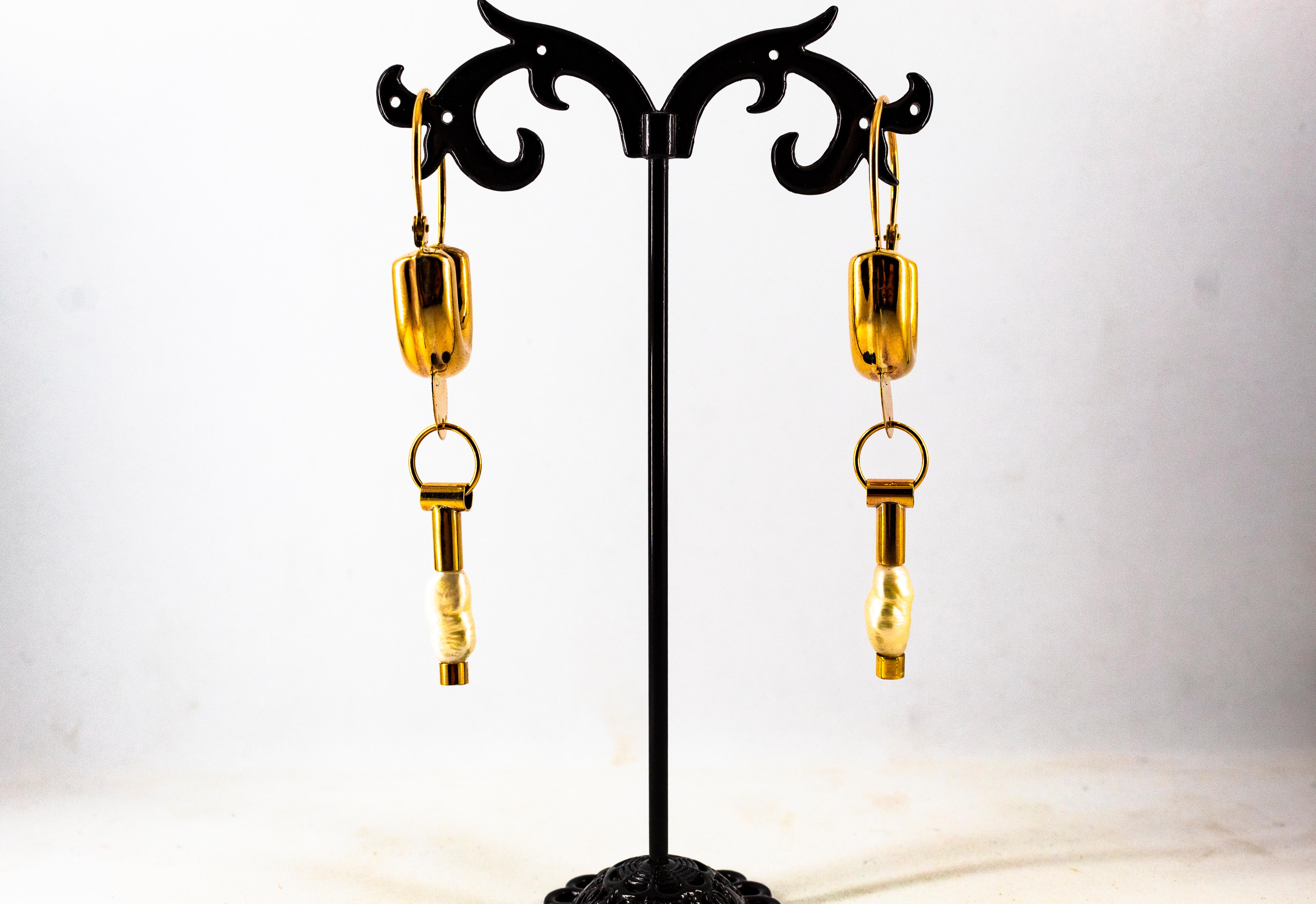 Art Deco Style Handcrafted Cultured Pearl Yellow Gold Drop Lever-Back Earrings For Sale 5