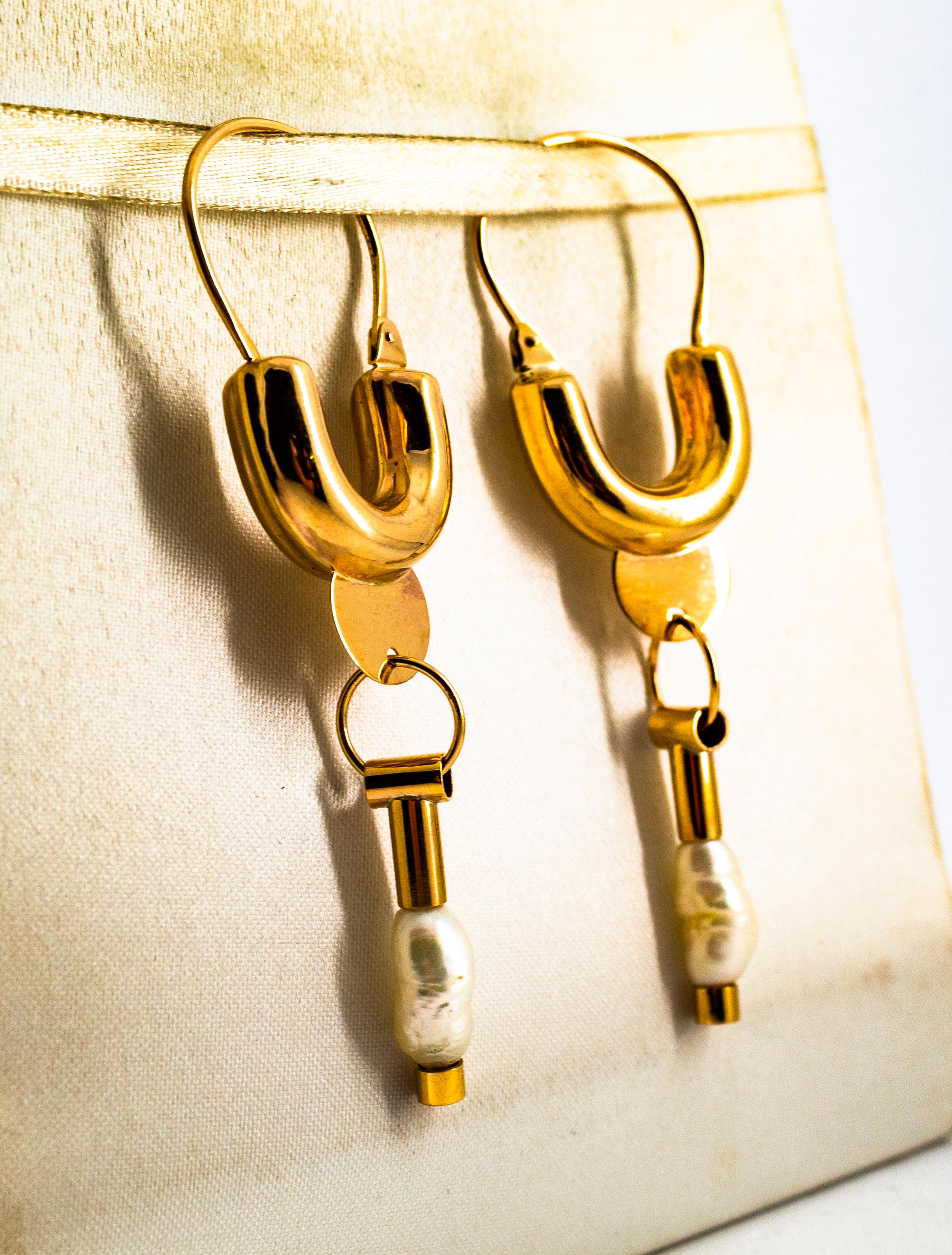 Mixed Cut Art Deco Style Handcrafted Cultured Pearl Yellow Gold Drop Lever-Back Earrings For Sale
