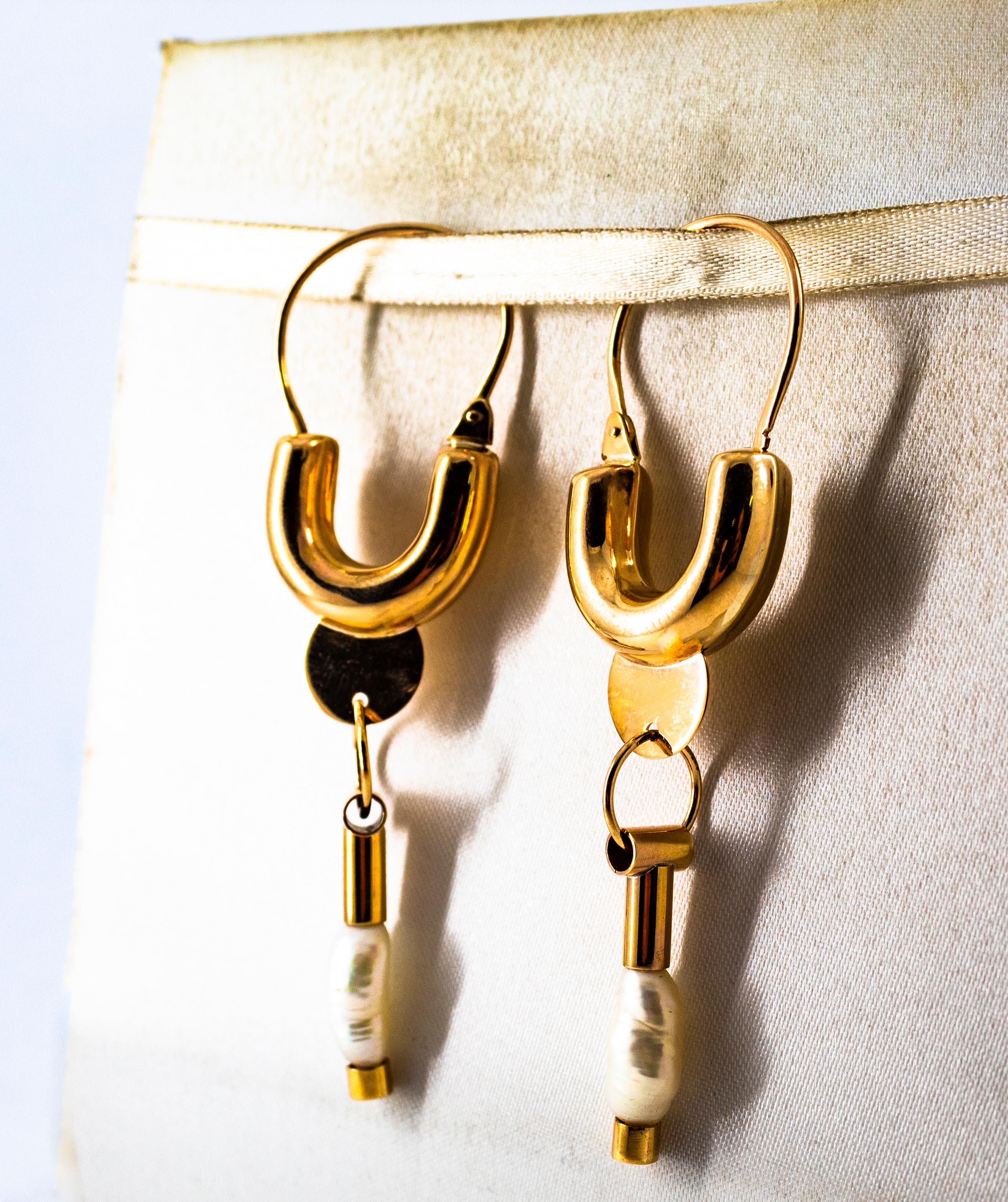 Women's or Men's Art Deco Style Handcrafted Cultured Pearl Yellow Gold Drop Lever-Back Earrings For Sale