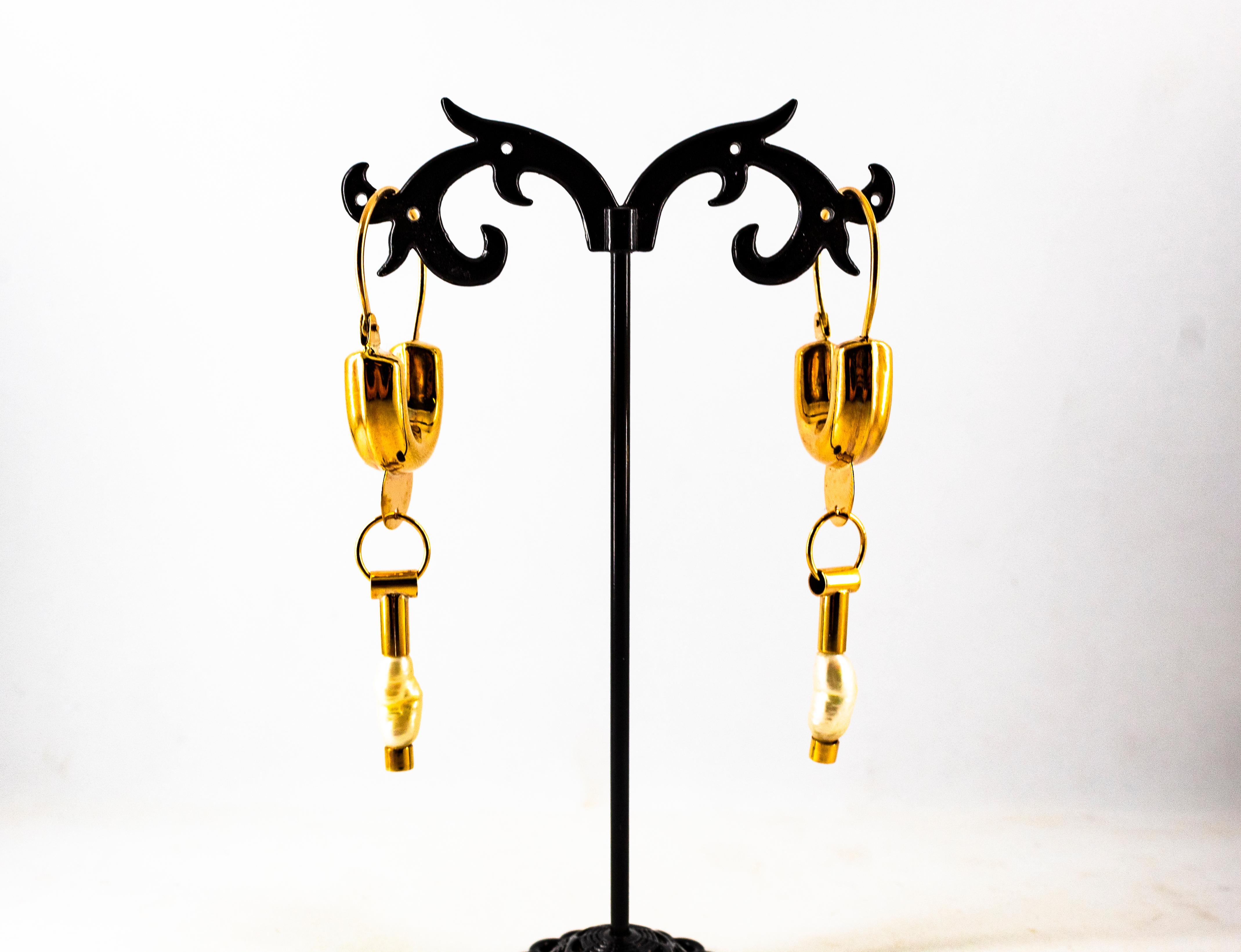 Art Deco Style Handcrafted Cultured Pearl Yellow Gold Drop Lever-Back Earrings For Sale 1