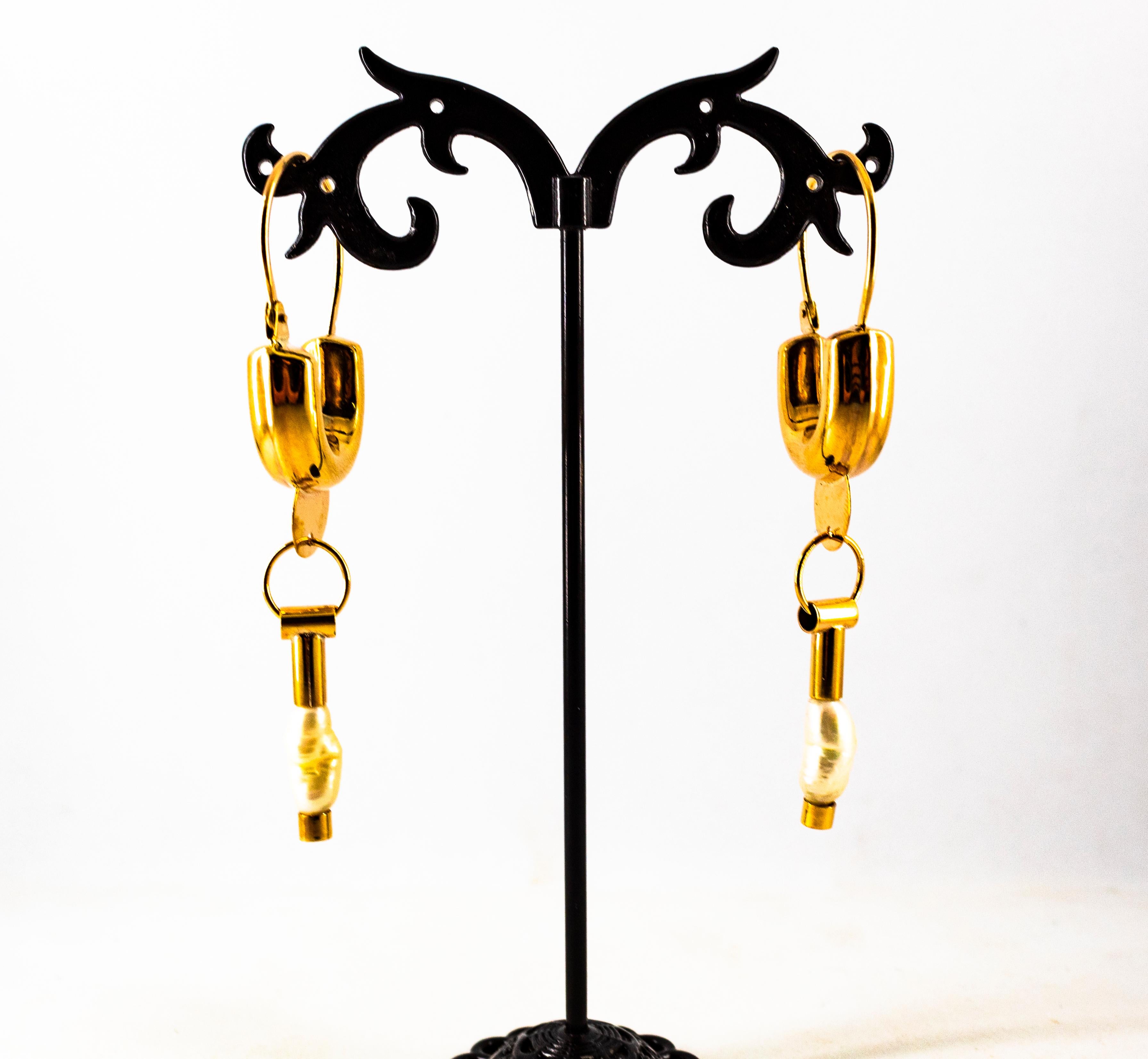 Art Deco Style Handcrafted Cultured Pearl Yellow Gold Drop Lever-Back Earrings For Sale 2
