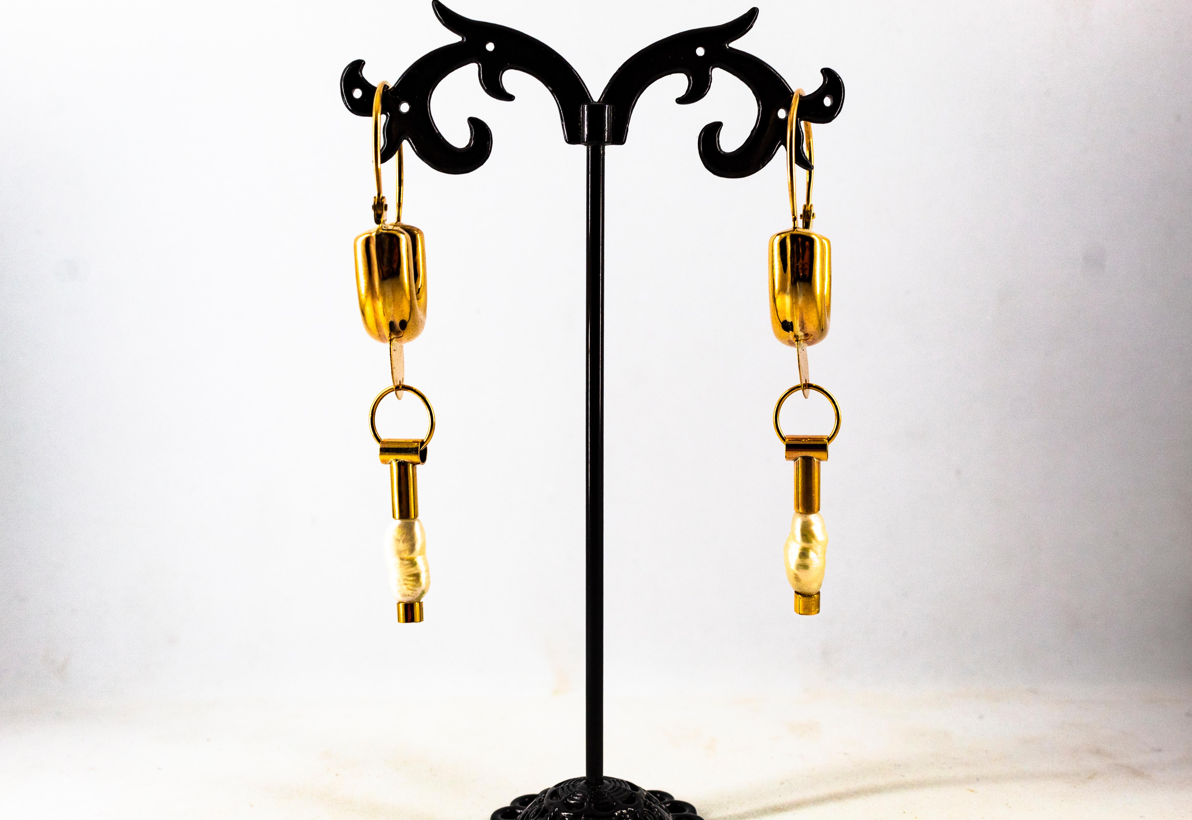 Art Deco Style Handcrafted Cultured Pearl Yellow Gold Drop Lever-Back Earrings For Sale 4