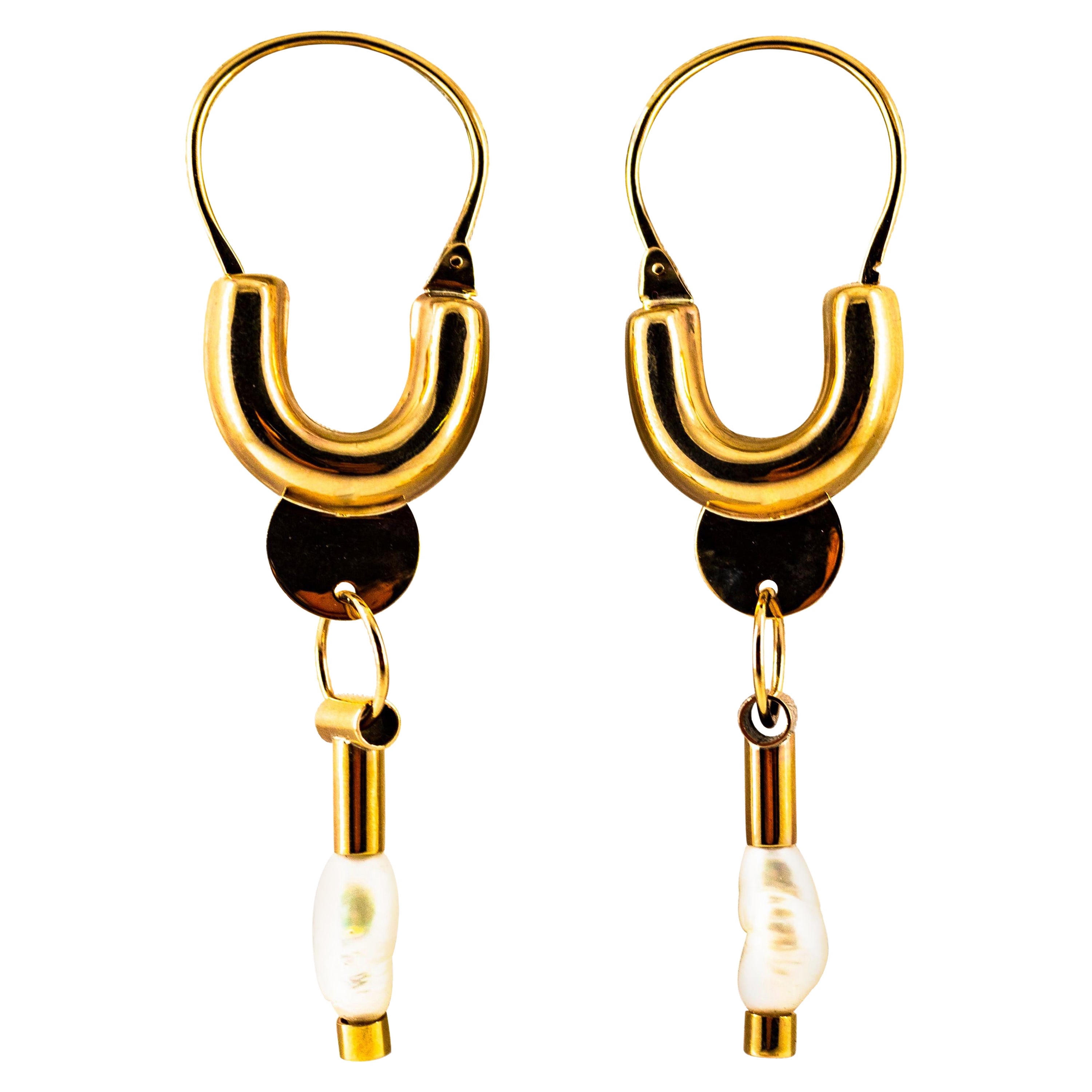 Art Deco Style Handcrafted Cultured Pearl Yellow Gold Drop Lever-Back Earrings For Sale