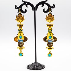 Art Deco Style Handcrafted Emerald Enamel Turquoise Yellow Gold Drop Earrings