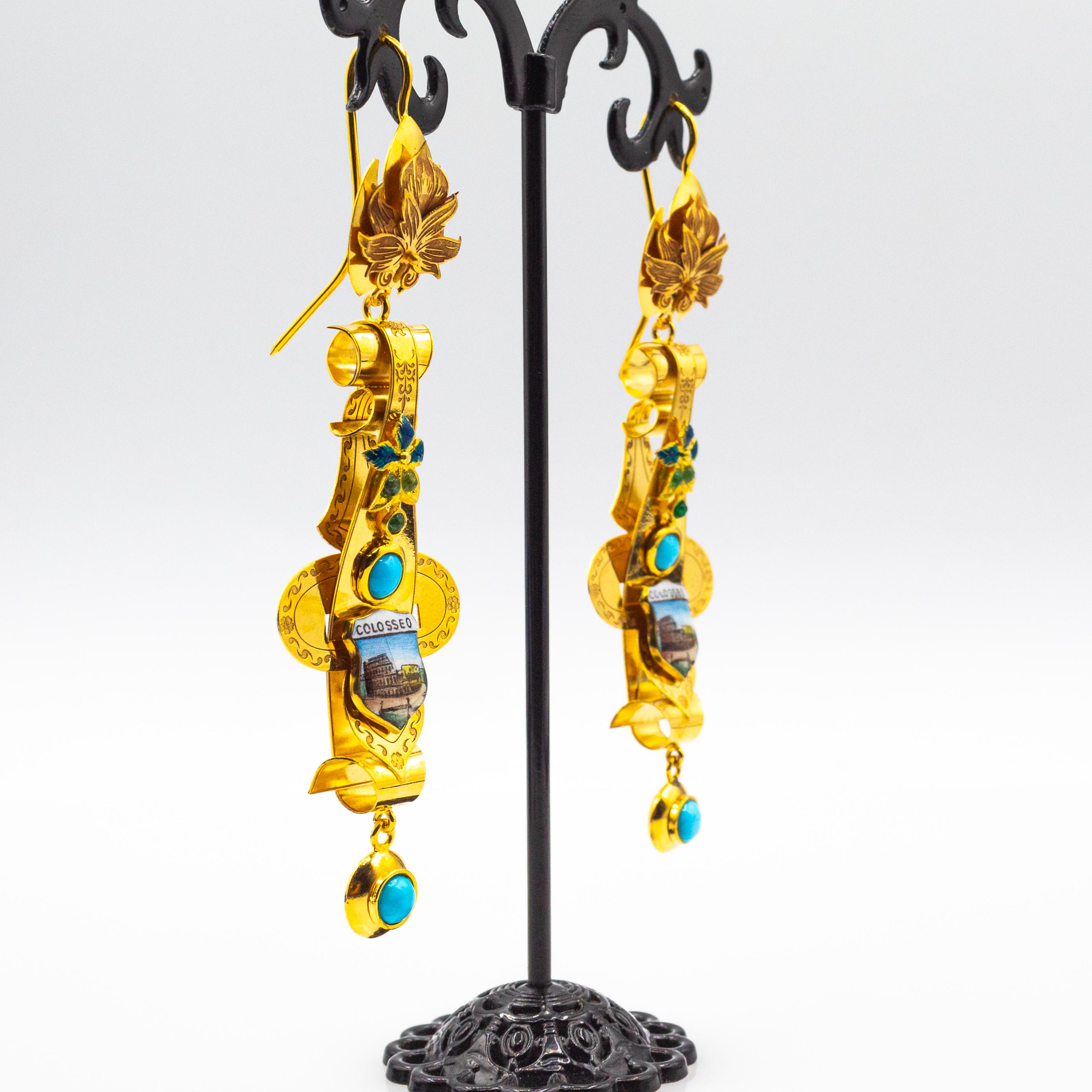 Art Déco Orecchini a goccia in oro giallo con smalto smeraldo e turchese, realizzati a mano in stile Art Deco in vendita