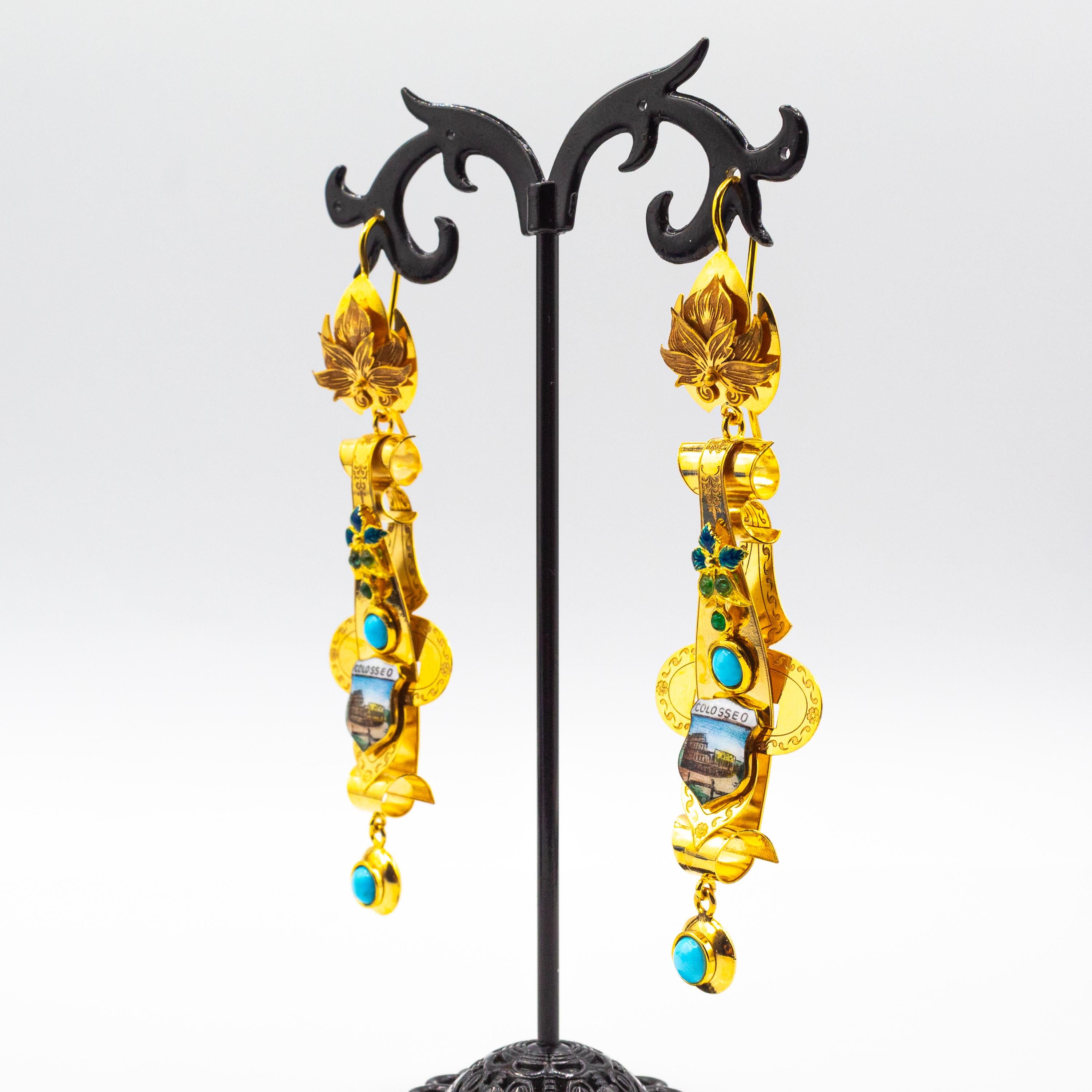 Orecchini a goccia in oro giallo con smalto smeraldo e turchese, realizzati a mano in stile Art Deco In condizioni Nuovo in vendita a Naples, IT