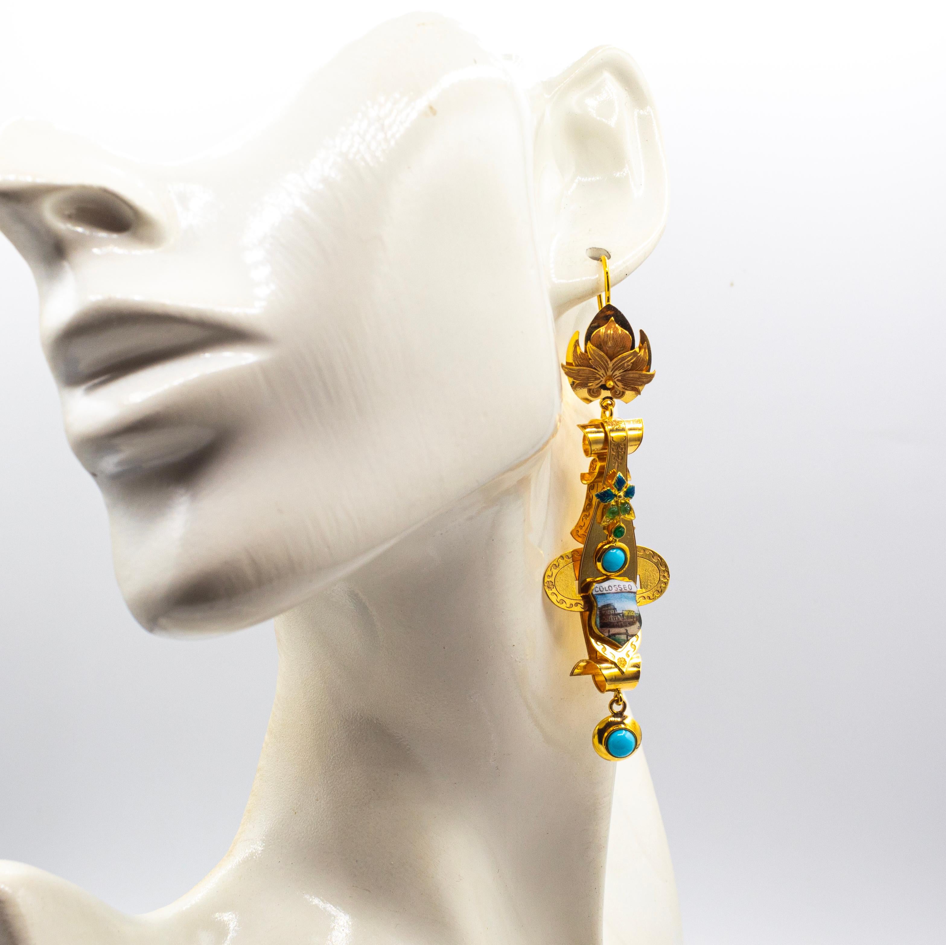 da uomo o donna Orecchini a goccia in oro giallo con smalto smeraldo e turchese, realizzati a mano in stile Art Deco in vendita