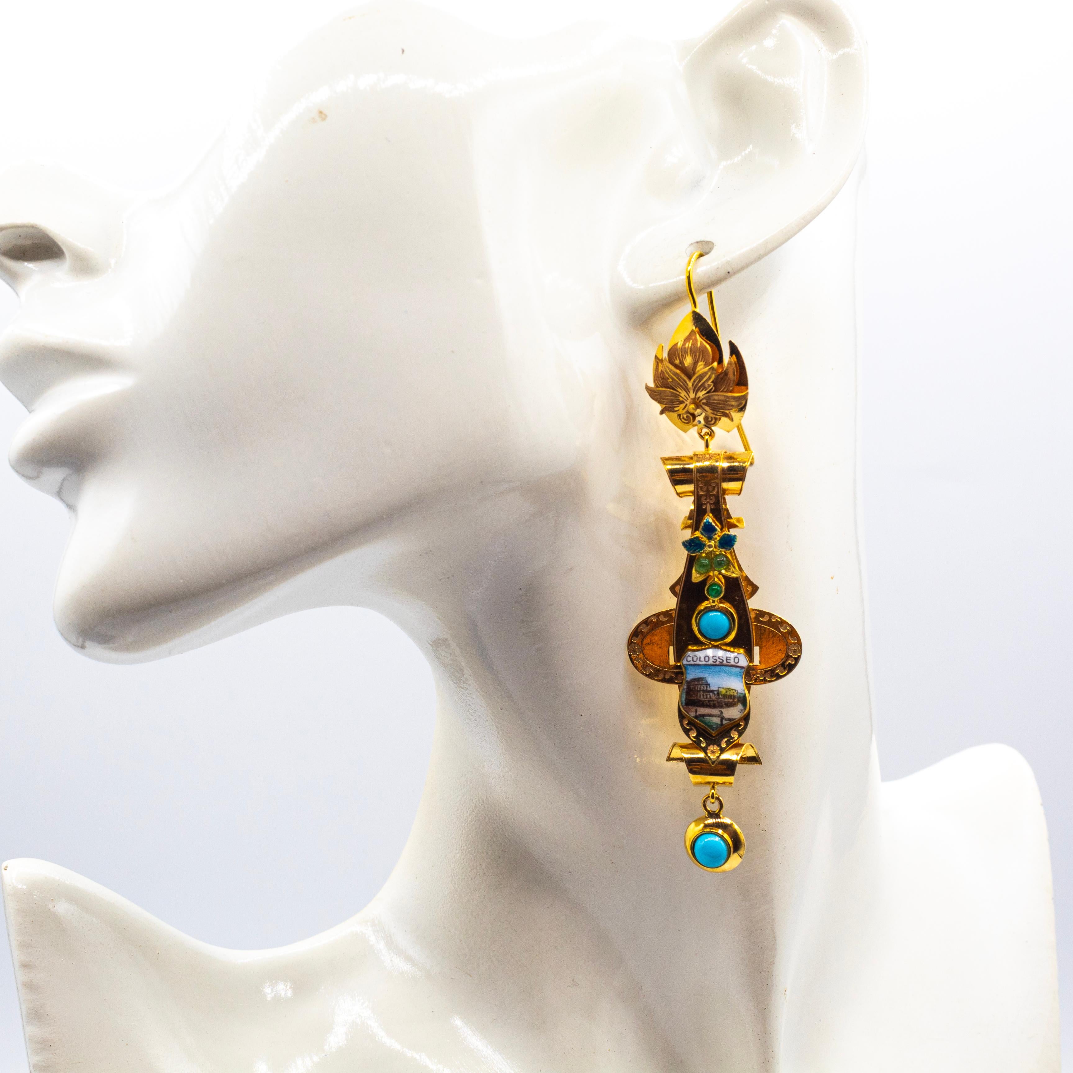 Orecchini a goccia in oro giallo con smalto smeraldo e turchese, realizzati a mano in stile Art Deco in vendita 1