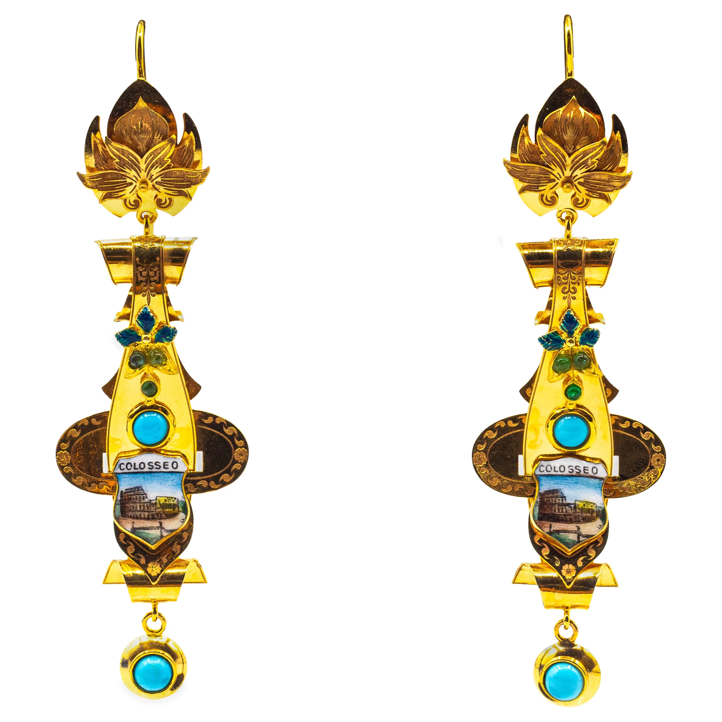 Orecchini a goccia in oro giallo con smalto smeraldo e turchese, realizzati a mano in stile Art Deco