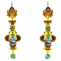 Orecchini a goccia in oro giallo con smalto smeraldo e turchese, realizzati a mano in stile Art Deco