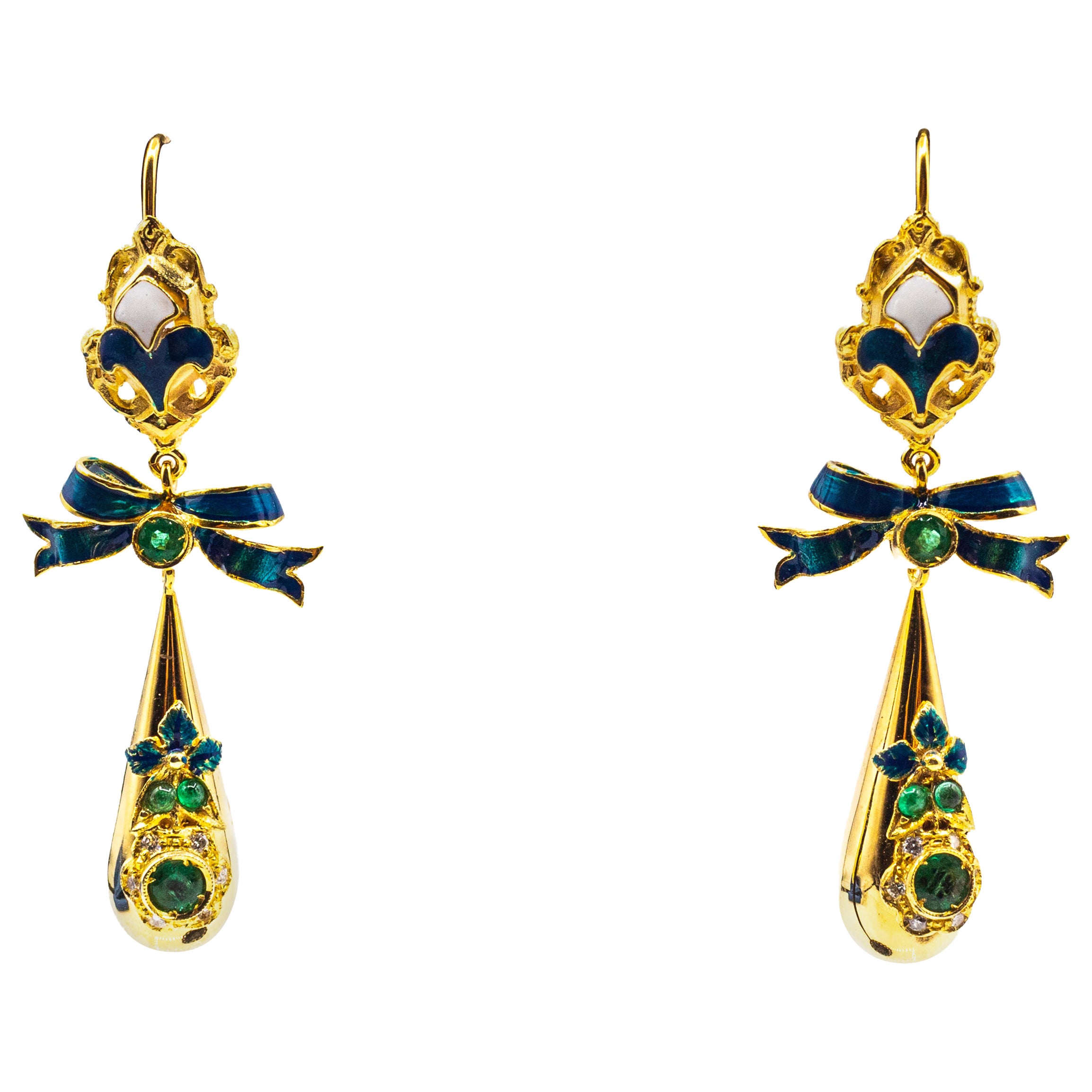 Orecchini artigianali in stile Art Déco con smeraldo e smalto, diamante bianco e oro giallo
