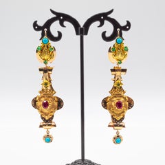 Art Deco Style Handcrafted Emerald Ruby Turquoise Yellow Gold Drop Earrings