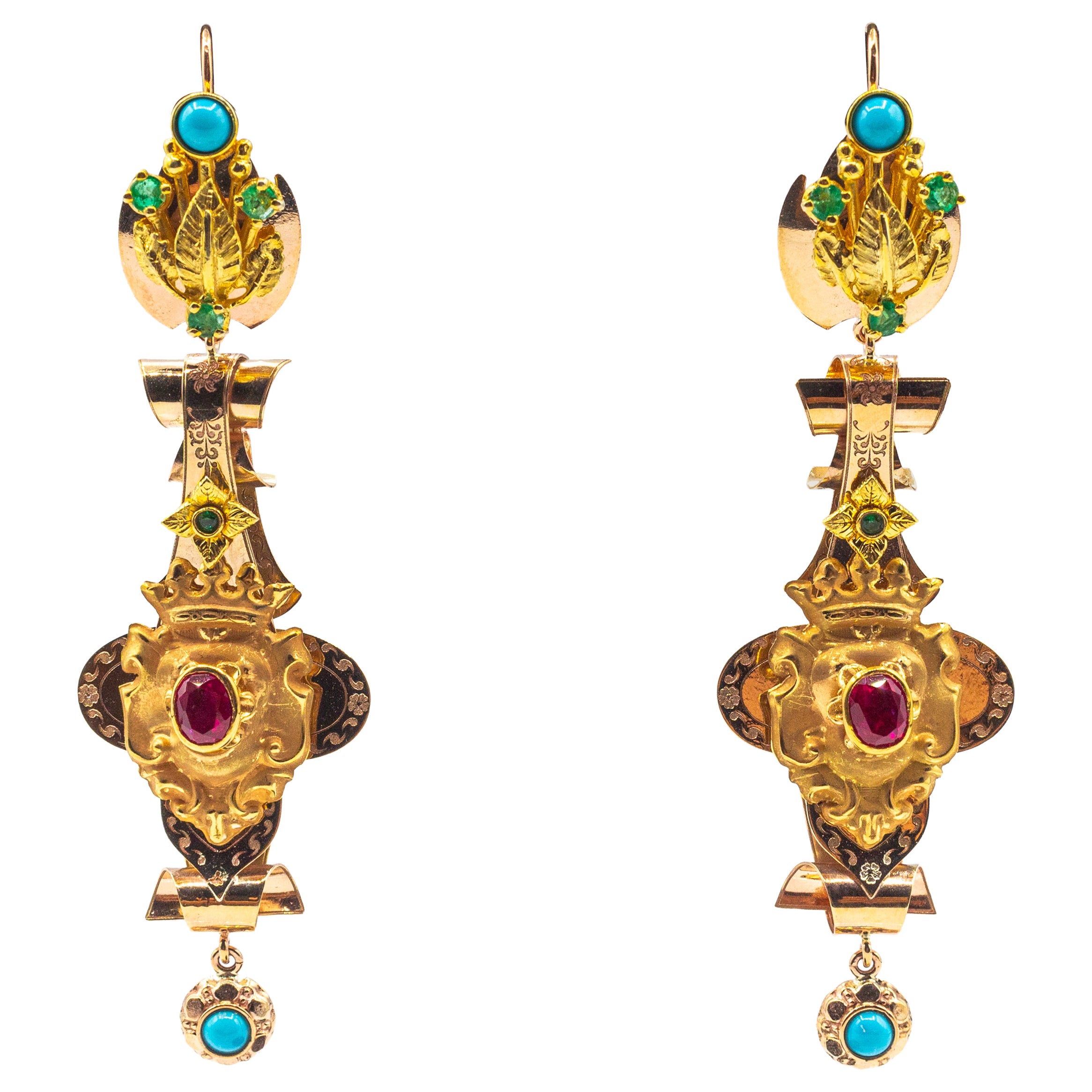 Orecchini a goccia in oro giallo in stile Art Deco realizzati a mano con smeraldo, rubino e turchese