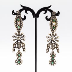 Art Deco Style Handcrafted Emerald White Rose Cut Diamond Yellow Gold Earrings