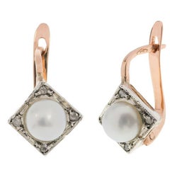 Art Deco Style Handcrafted Italian Cultured Pearl and Diamond Cluster Earrings