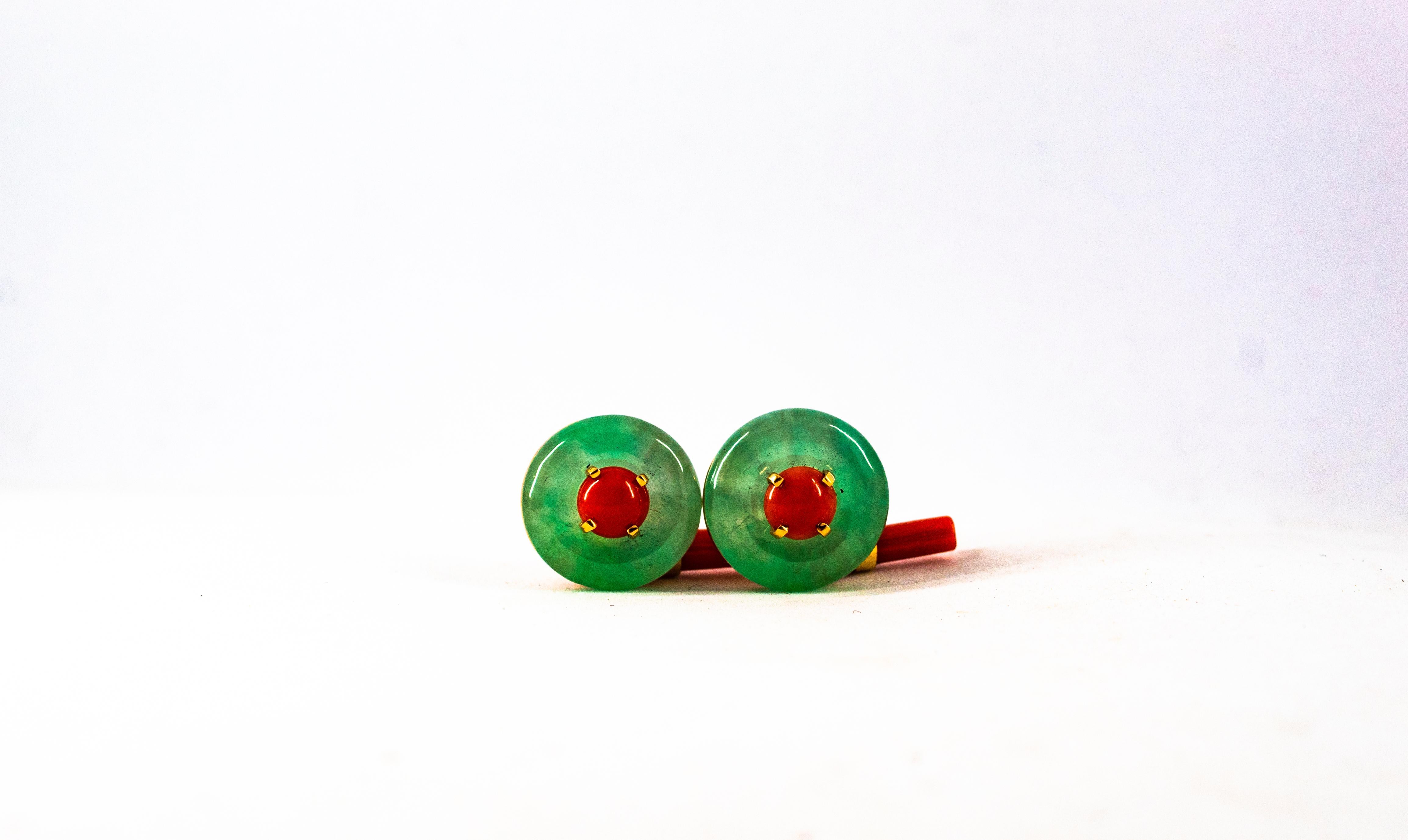 Mixed Cut Art Deco Style Handcrafted Mediterranean Red Coral Jade Yellow Gold Cufflinks