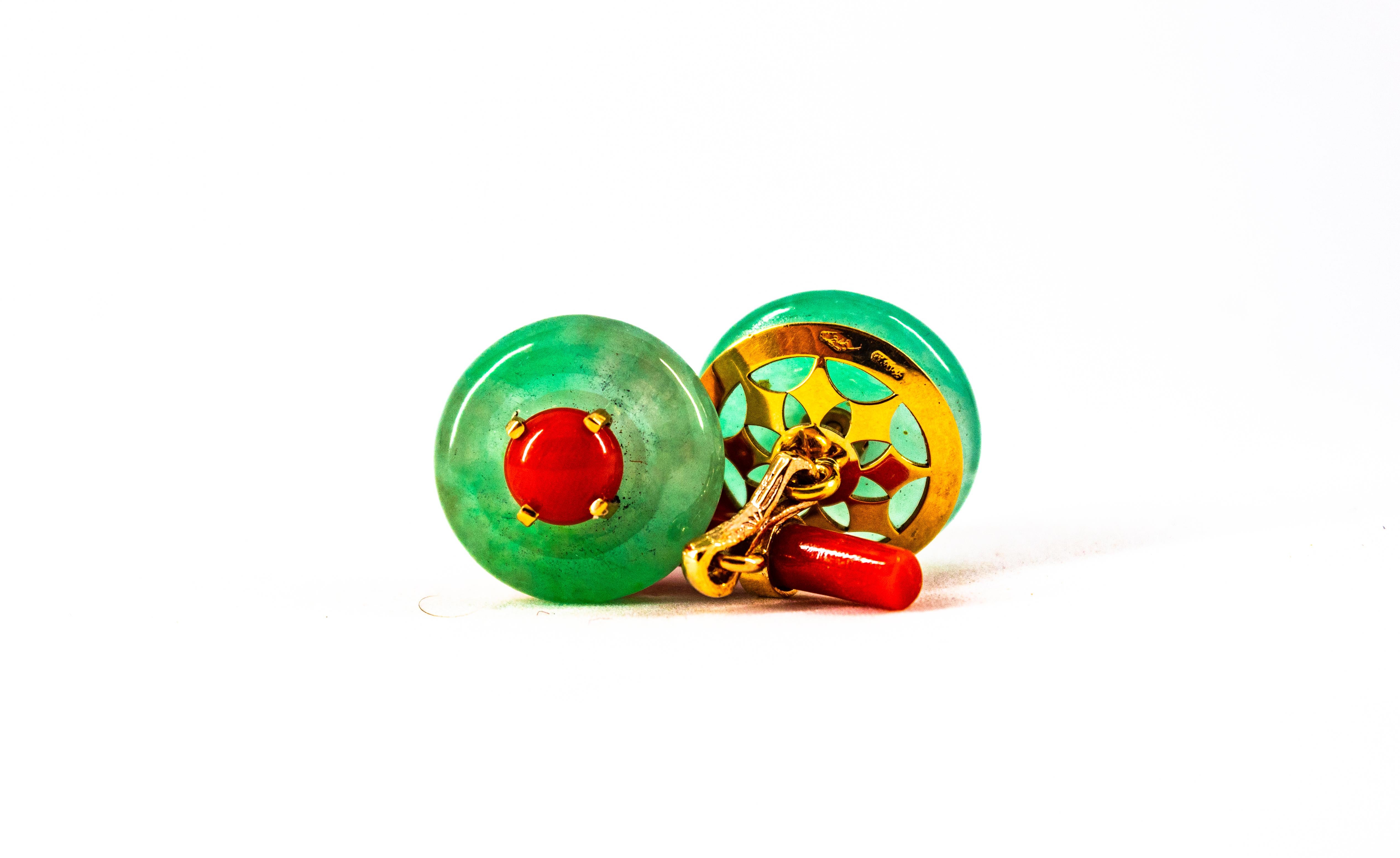 Women's or Men's Art Deco Style Handcrafted Mediterranean Red Coral Jade Yellow Gold Cufflinks For Sale