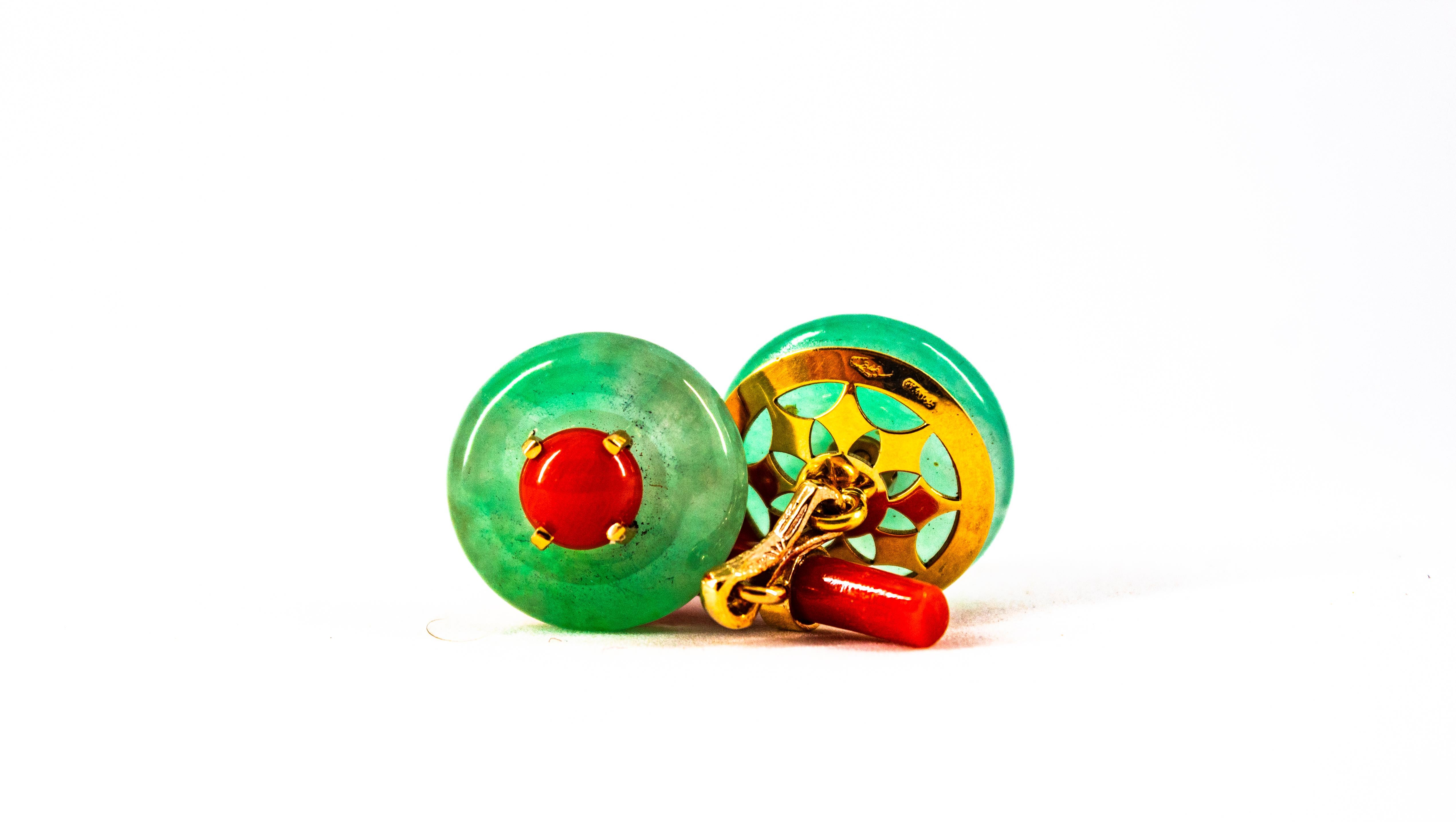Art Deco Style Handcrafted Mediterranean Red Coral Jade Yellow Gold Cufflinks For Sale 1