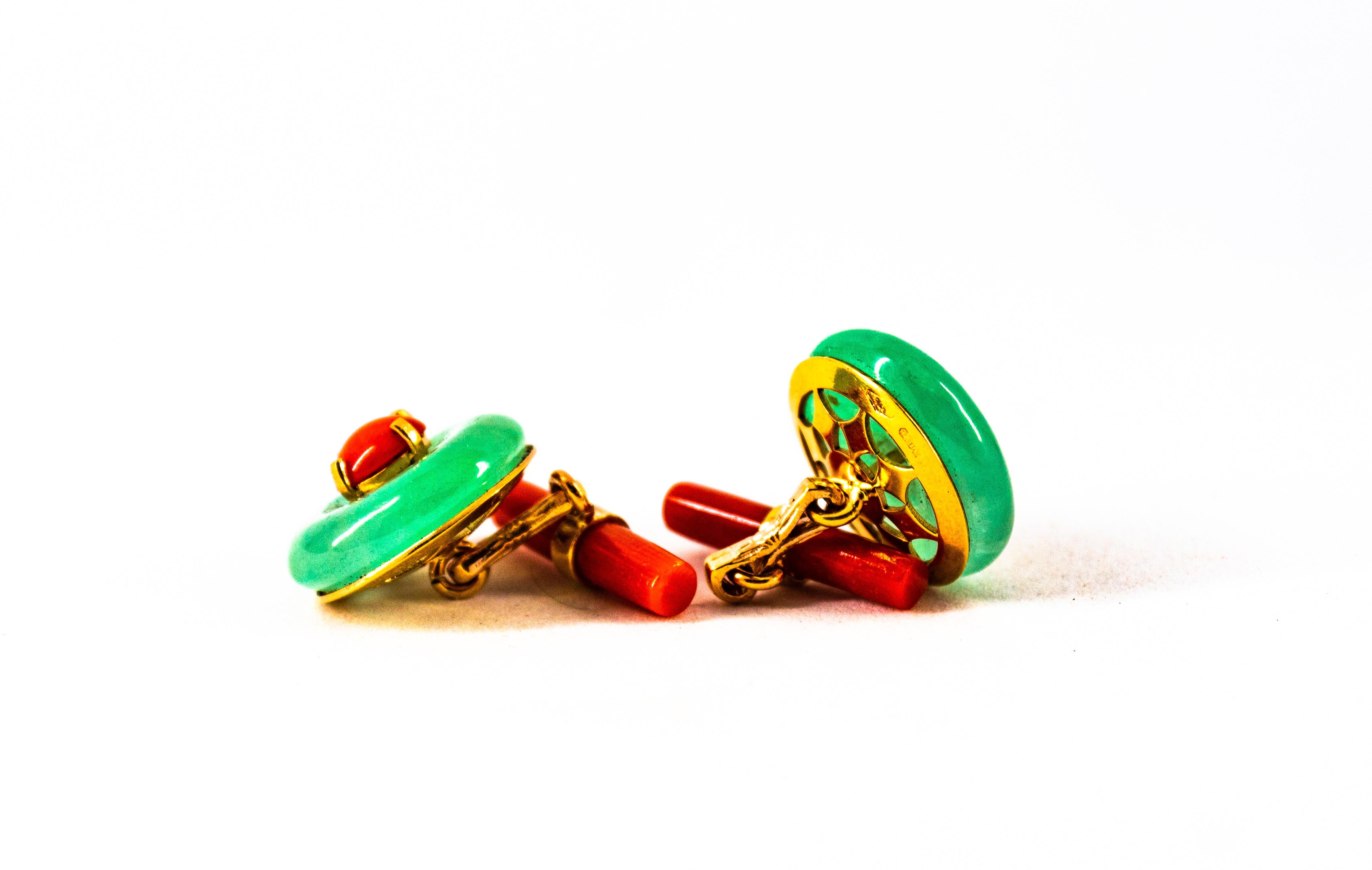 Boutons de manchette de style Art déco, fabriqués à la main, en or jaune, corail rouge méditerranéen et jade en vente 3