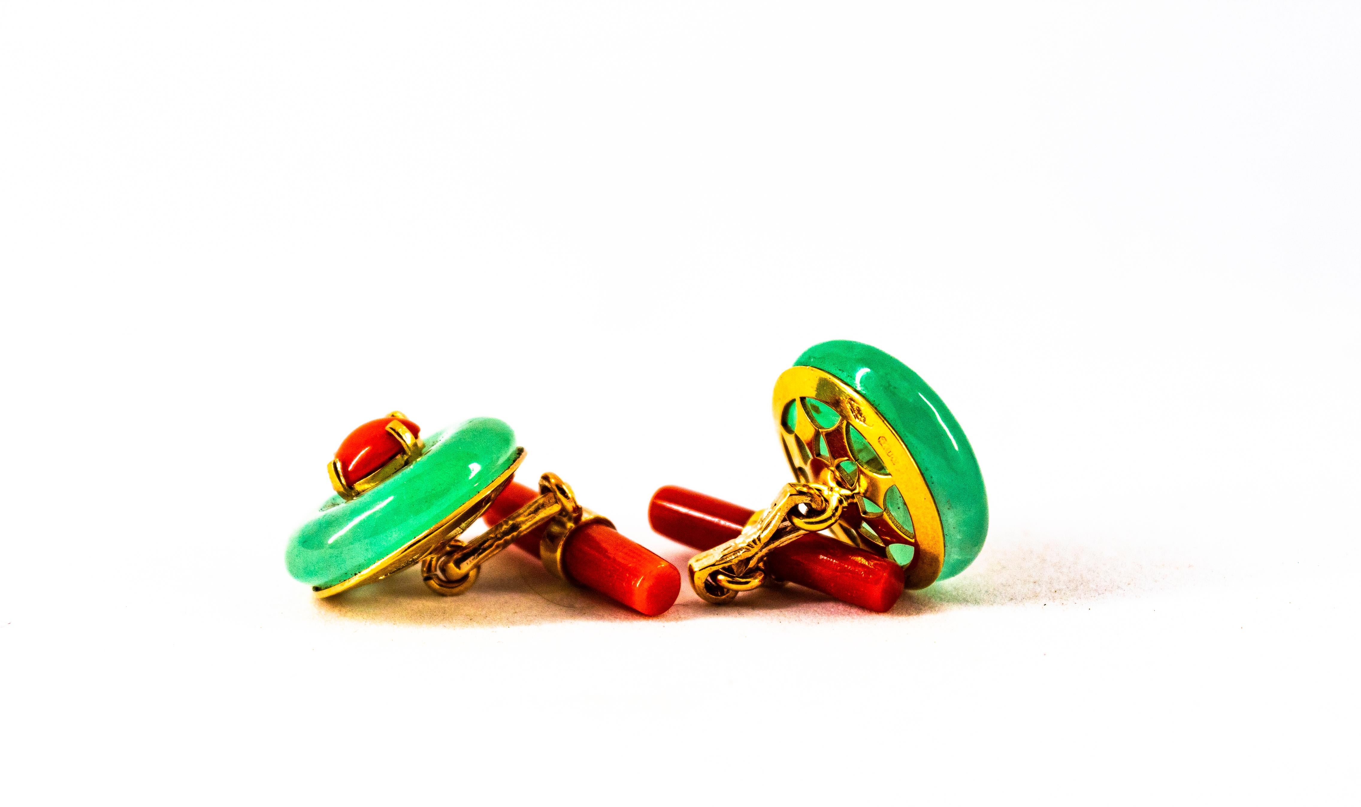 Boutons de manchette de style Art déco, fabriqués à la main, en or jaune, corail rouge méditerranéen et jade en vente 4