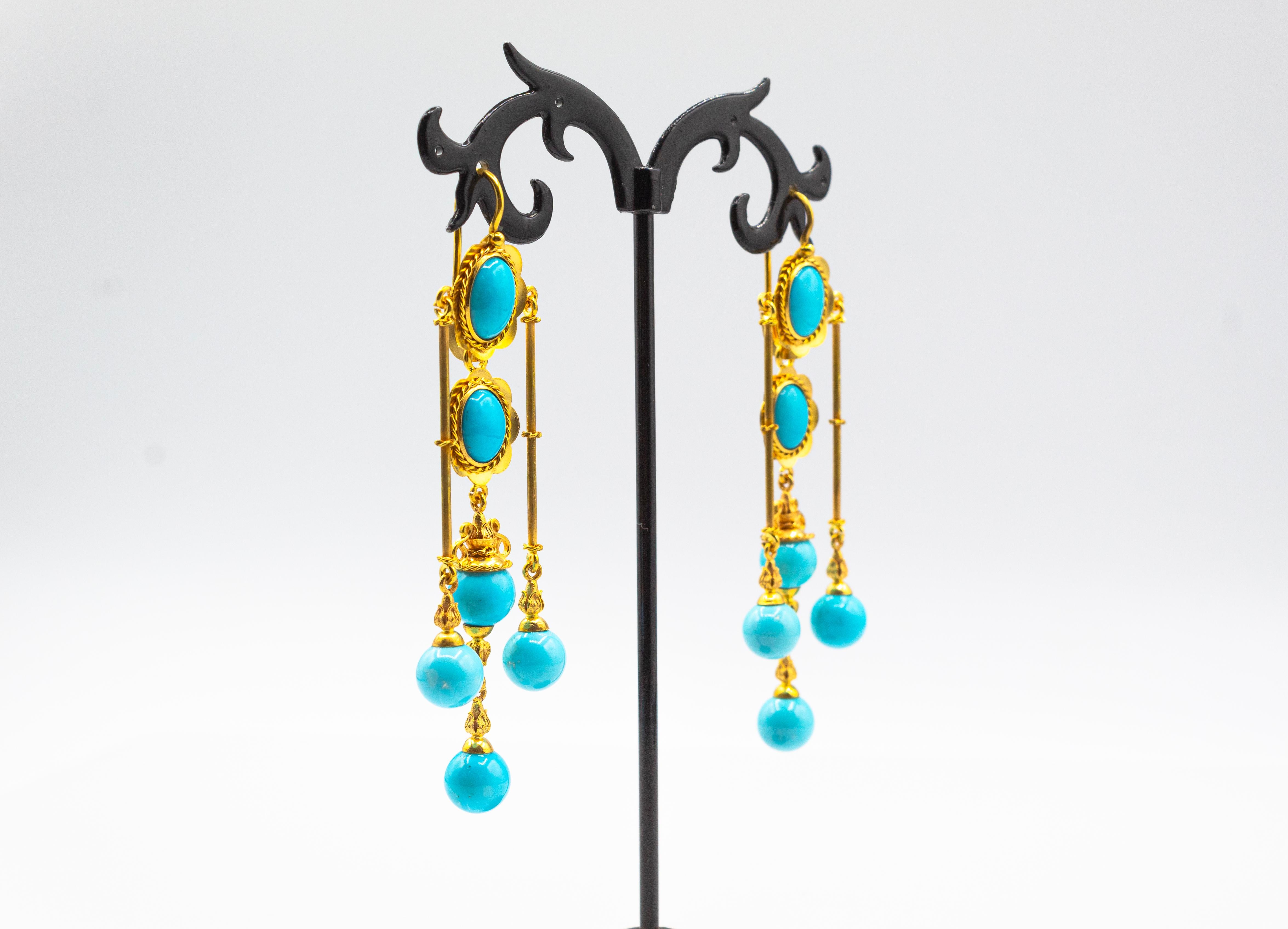 Mixed Cut Art Deco Style Handcrafted Natural Turquoise Yellow Gold Drop Earrings For Sale