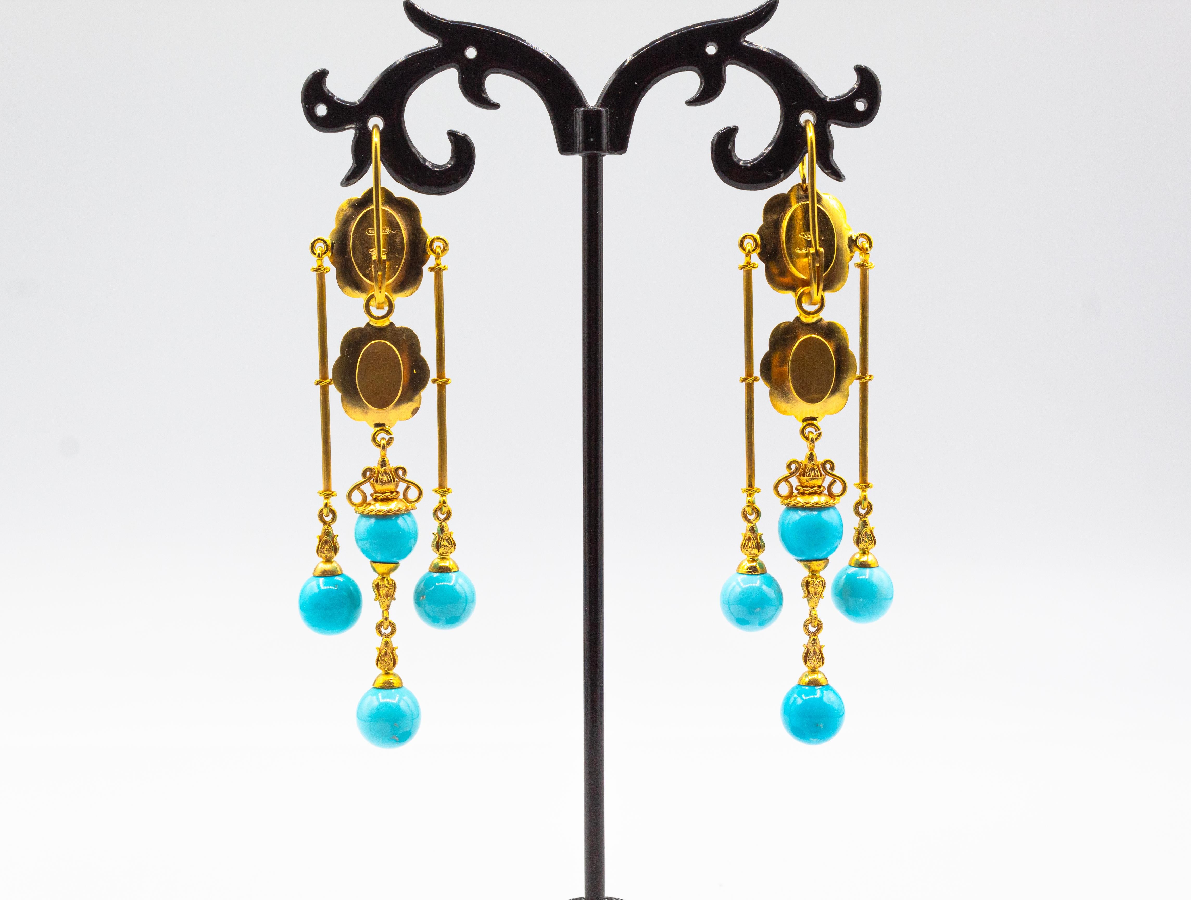 Art Deco Style Handcrafted Natural Turquoise Yellow Gold Drop Earrings In New Condition For Sale In Naples, IT