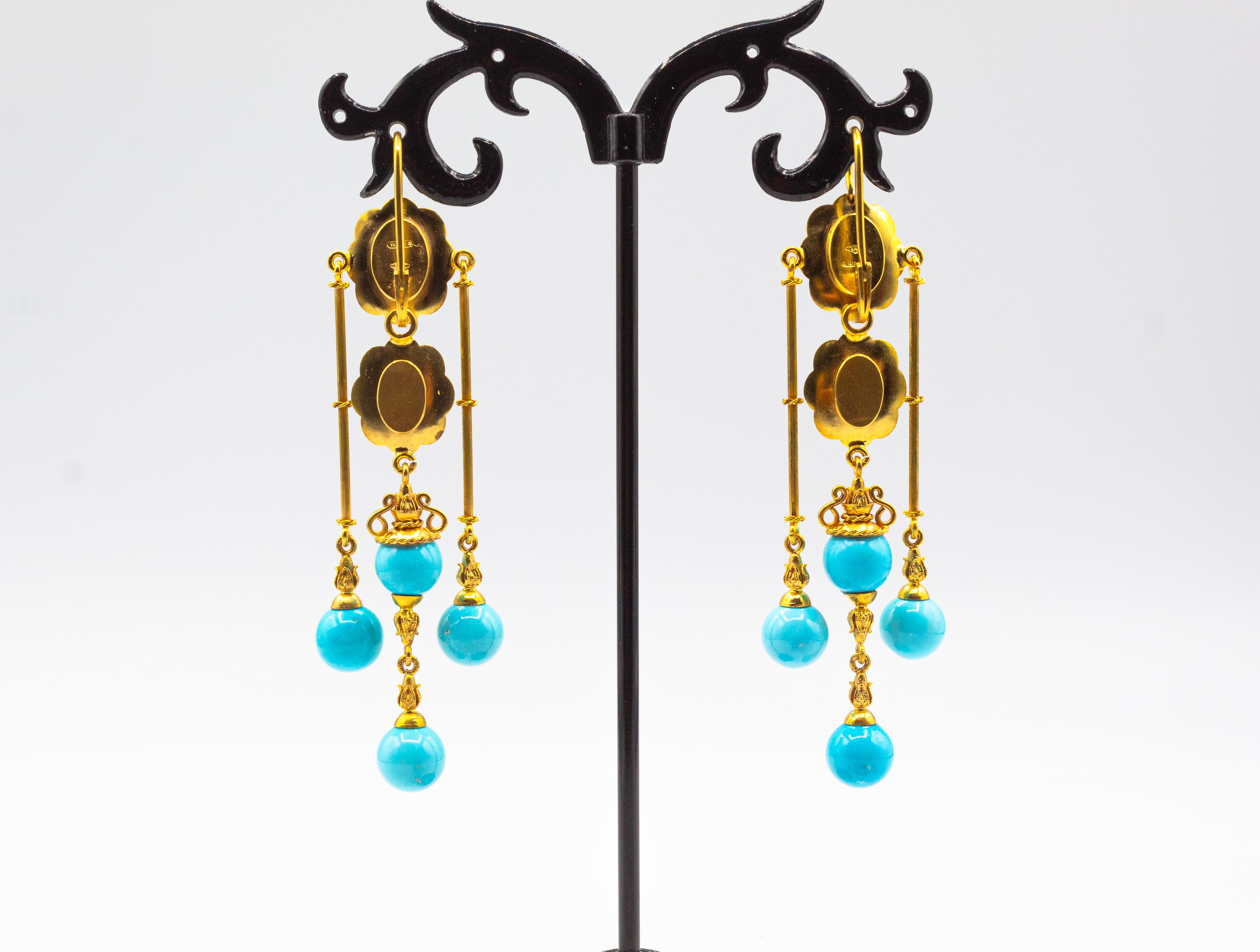 Taglio misto Orecchini a goccia in oro giallo con turchese naturale realizzati a mano in stile Art Deco in vendita