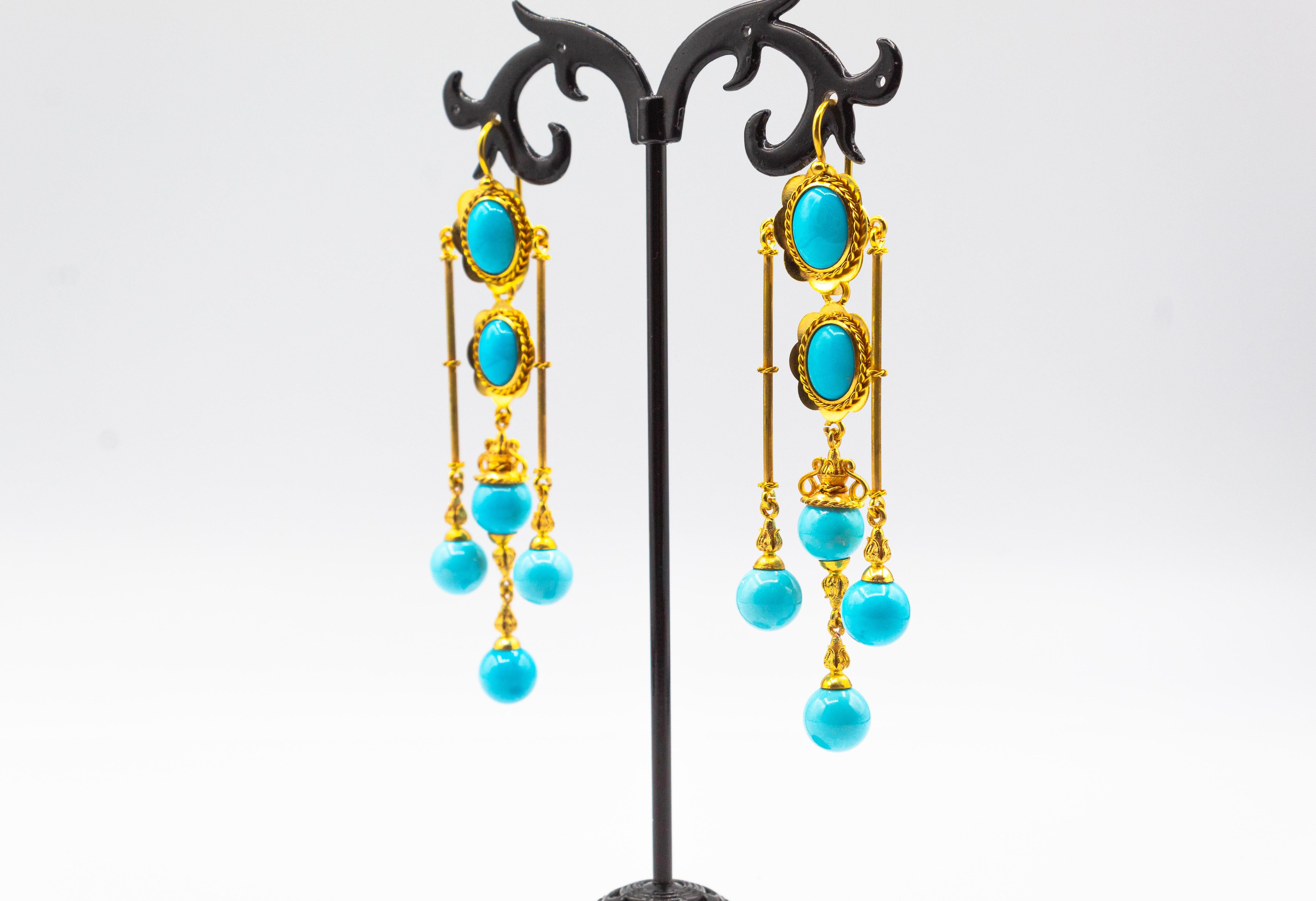 Women's or Men's Art Deco Style Handcrafted Natural Turquoise Yellow Gold Drop Earrings For Sale