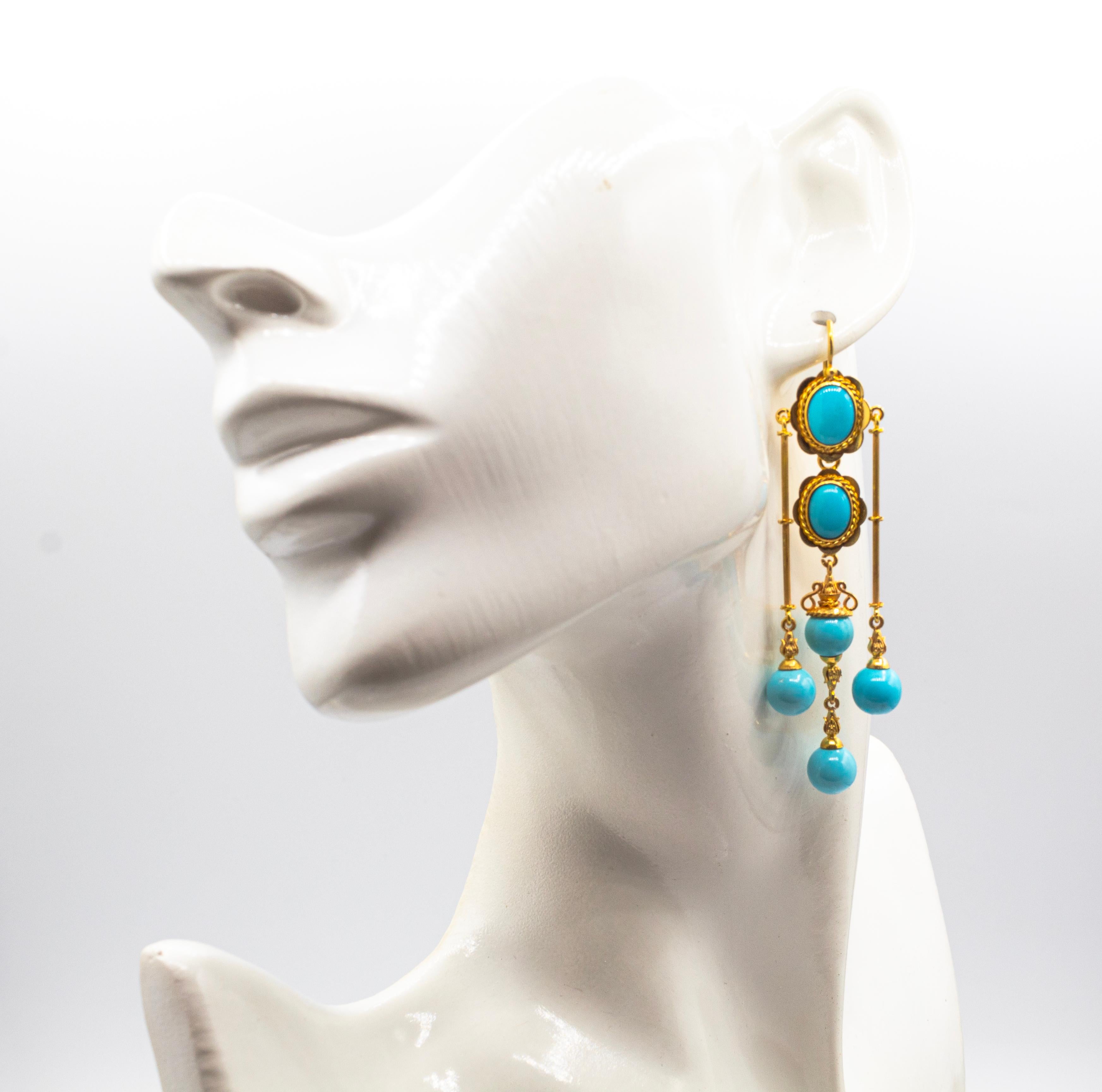 Art Deco Style Handcrafted Natural Turquoise Yellow Gold Drop Earrings For Sale 1