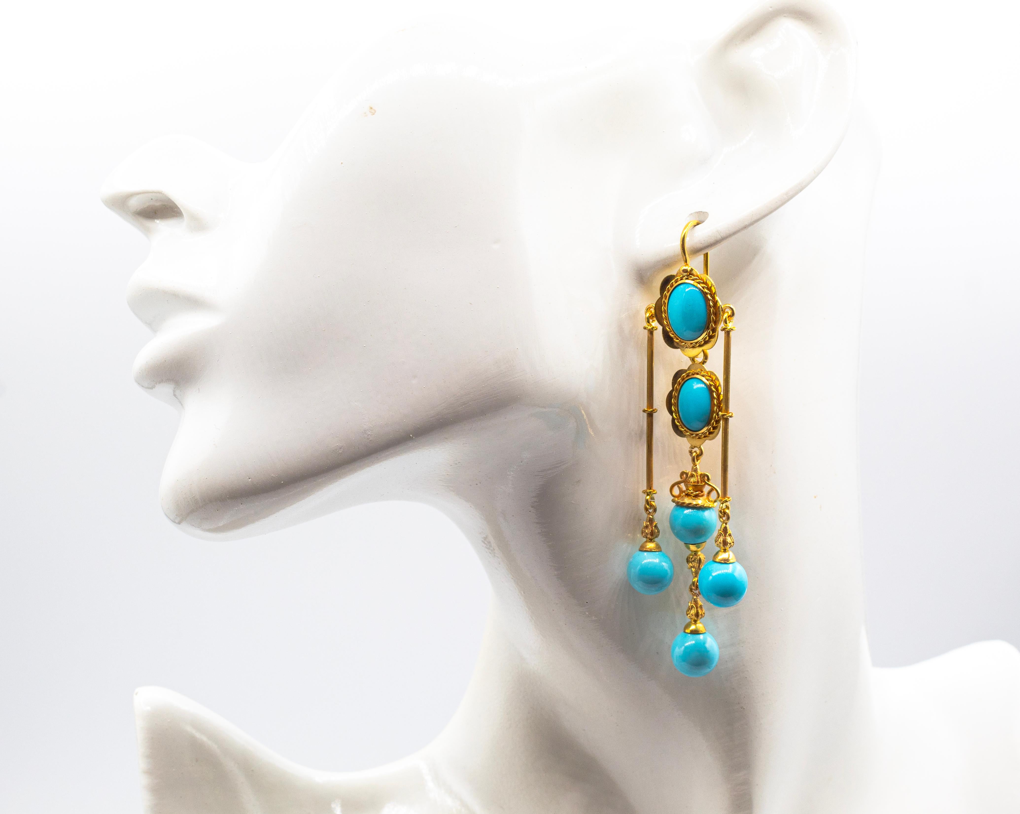 Art Deco Style Handcrafted Natural Turquoise Yellow Gold Drop Earrings For Sale 2