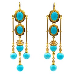 Art Deco Style Handcrafted Natural Turquoise Yellow Gold Drop Earrings