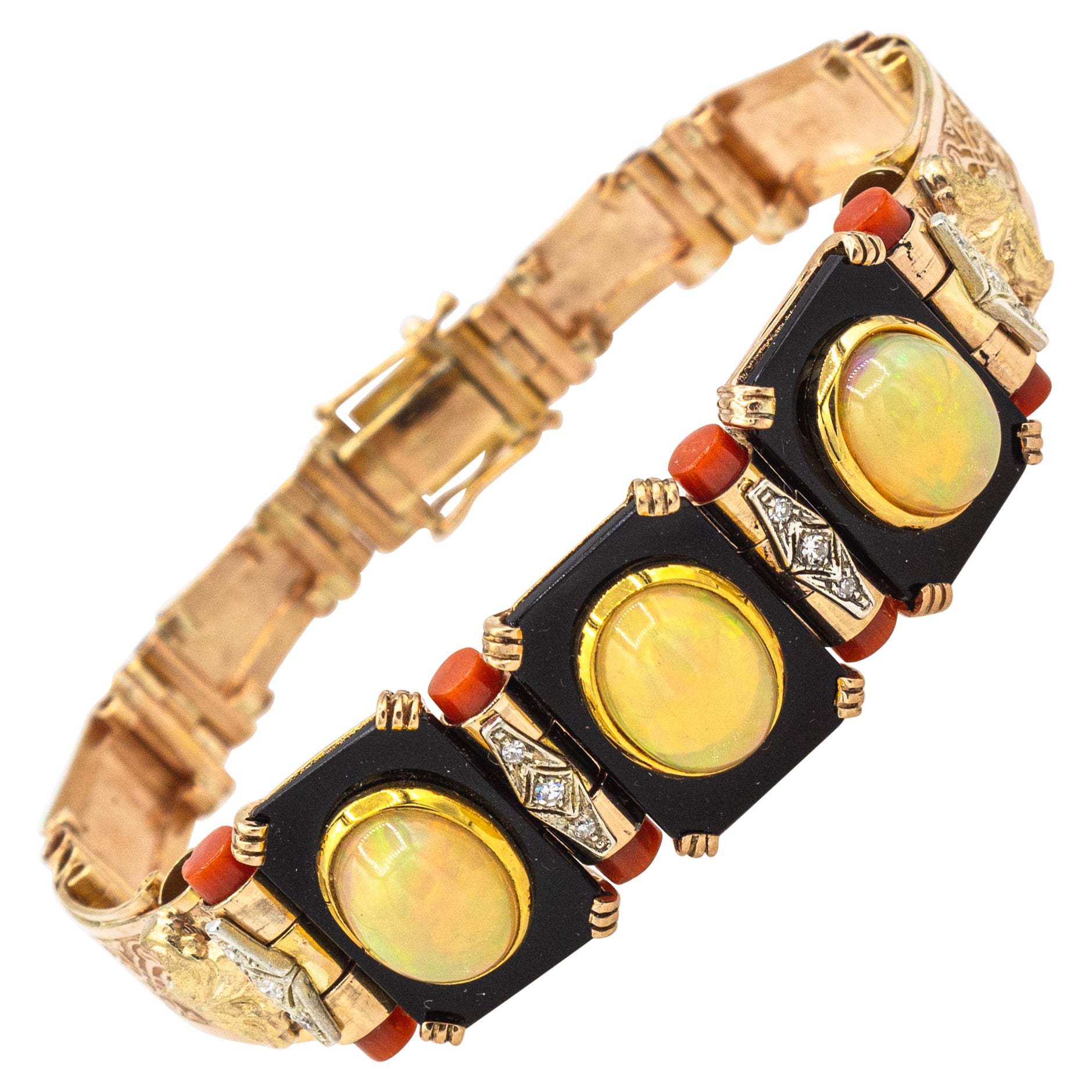 Art Deco Style Handcrafted Opal White Diamond Coral Onyx Yellow Gold Bracelet