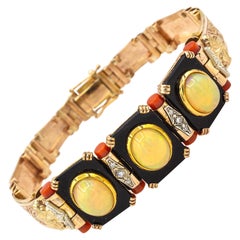 Bracelet de style Art déco, fabriqué à la main, avec opale, diamants, corail, onyx et or jaune