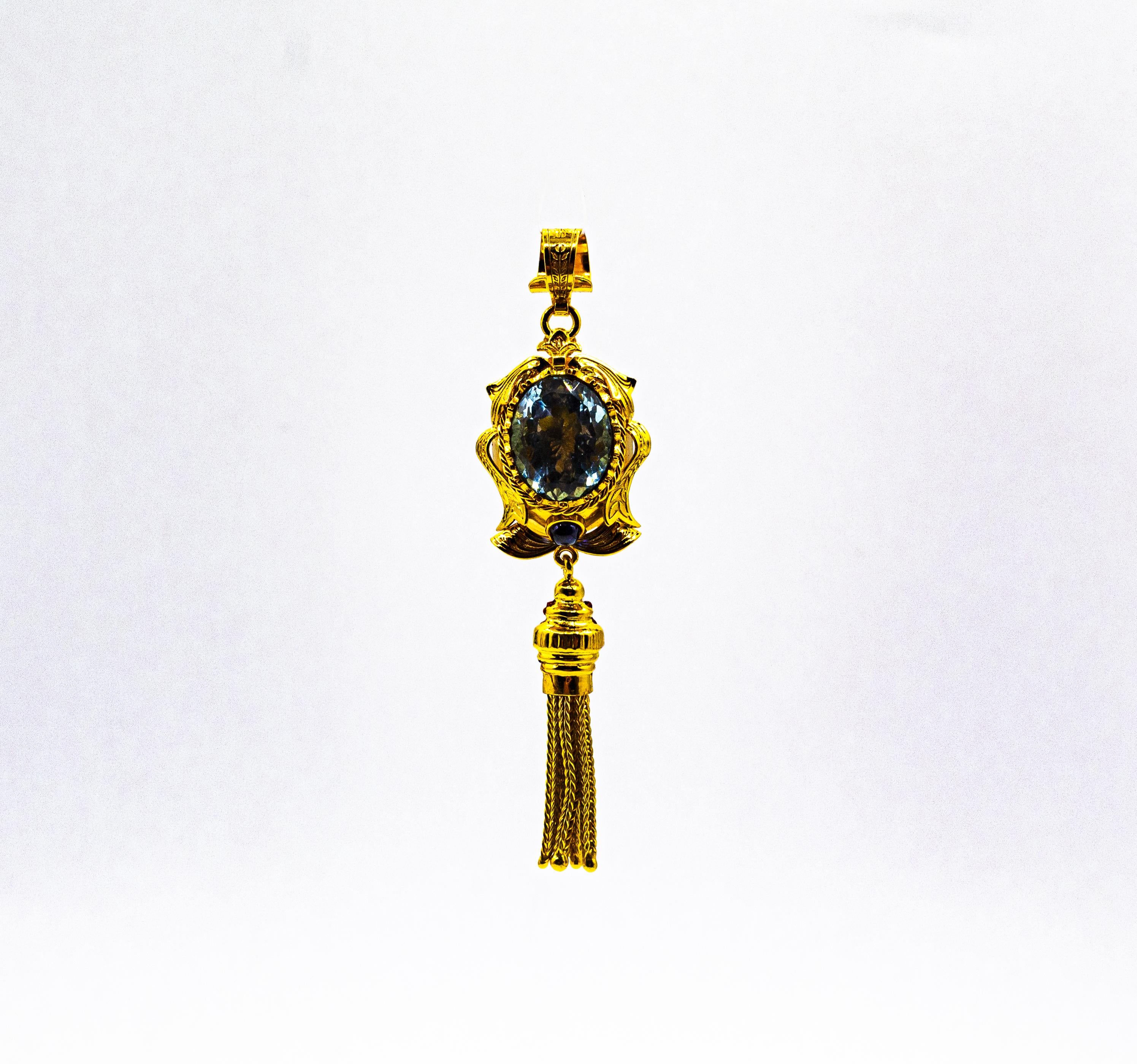 Art Deco Style Handcrafted Ruby Blue Topaz Yellow Gold Pendant Necklace For Sale 7