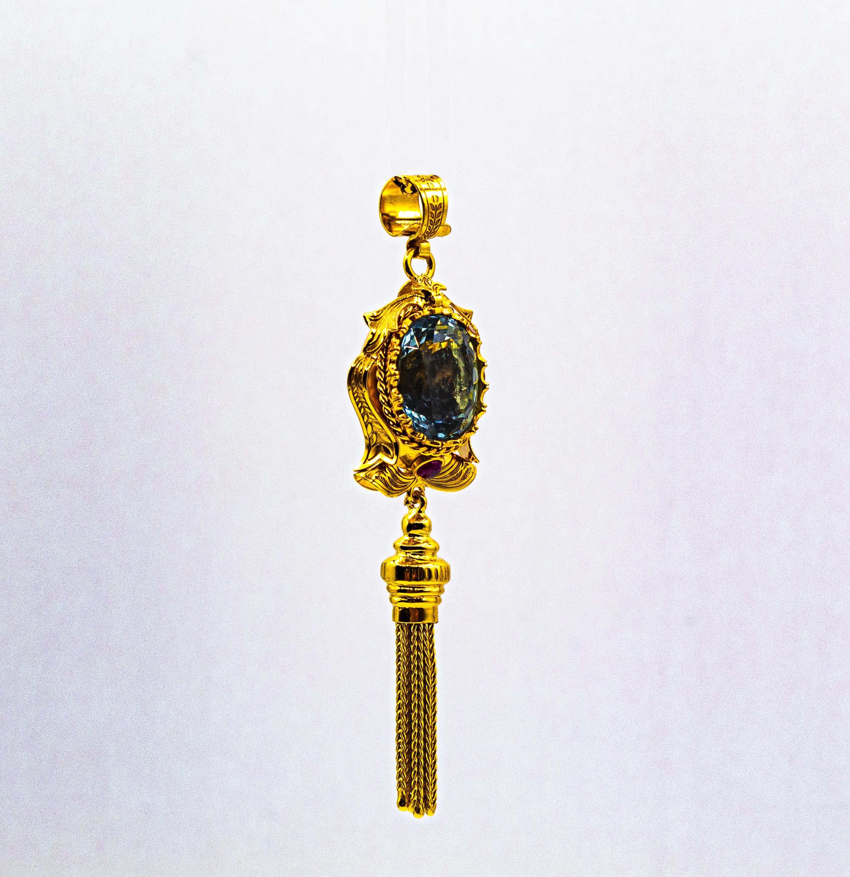 Art Deco Stil Handgefertigte Rubin-Blau-Topas-Gelbgold-Anhänger-Halskette (Art déco) im Angebot