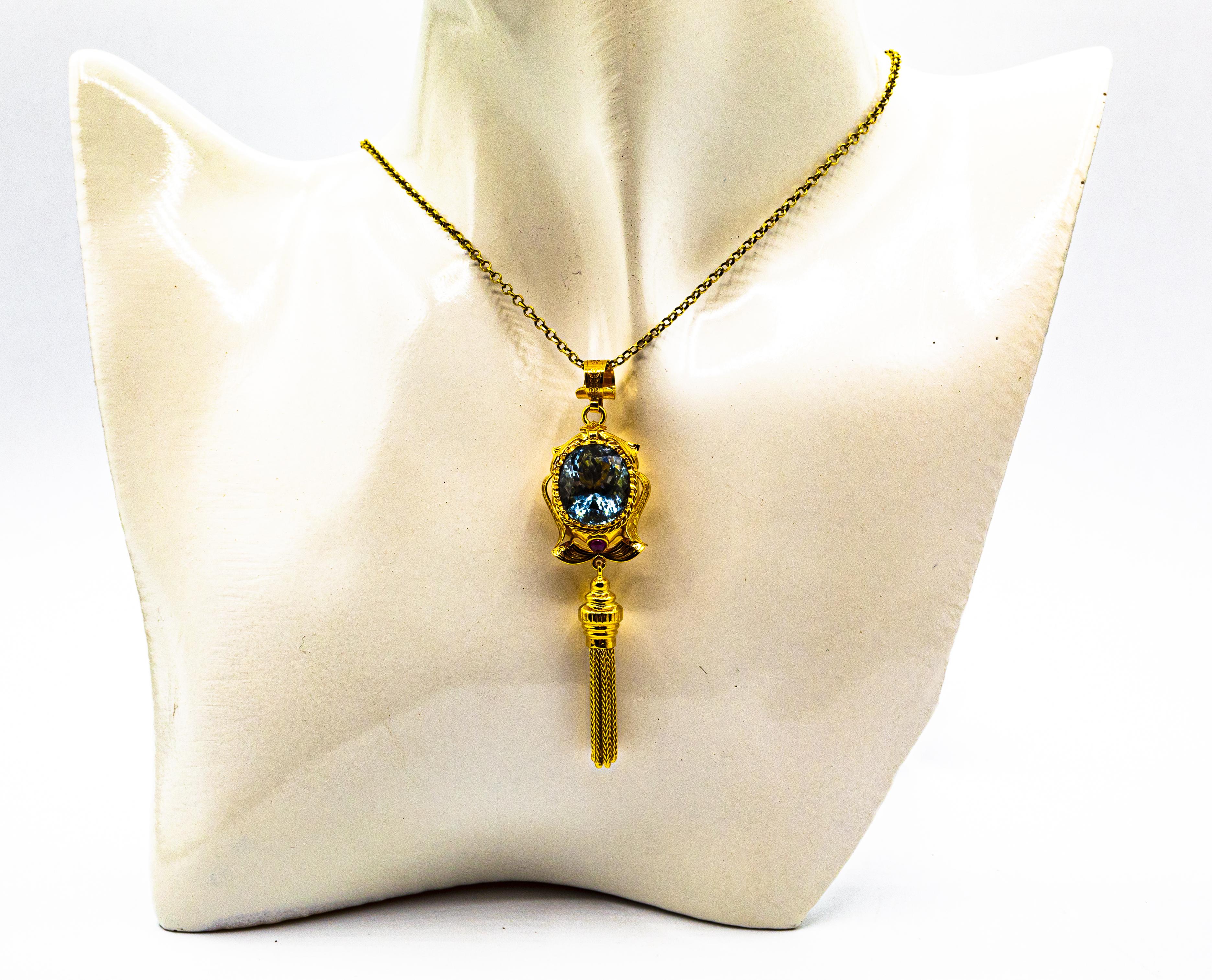 Art Deco Style Handcrafted Ruby Blue Topaz Yellow Gold Pendant Necklace For Sale 1