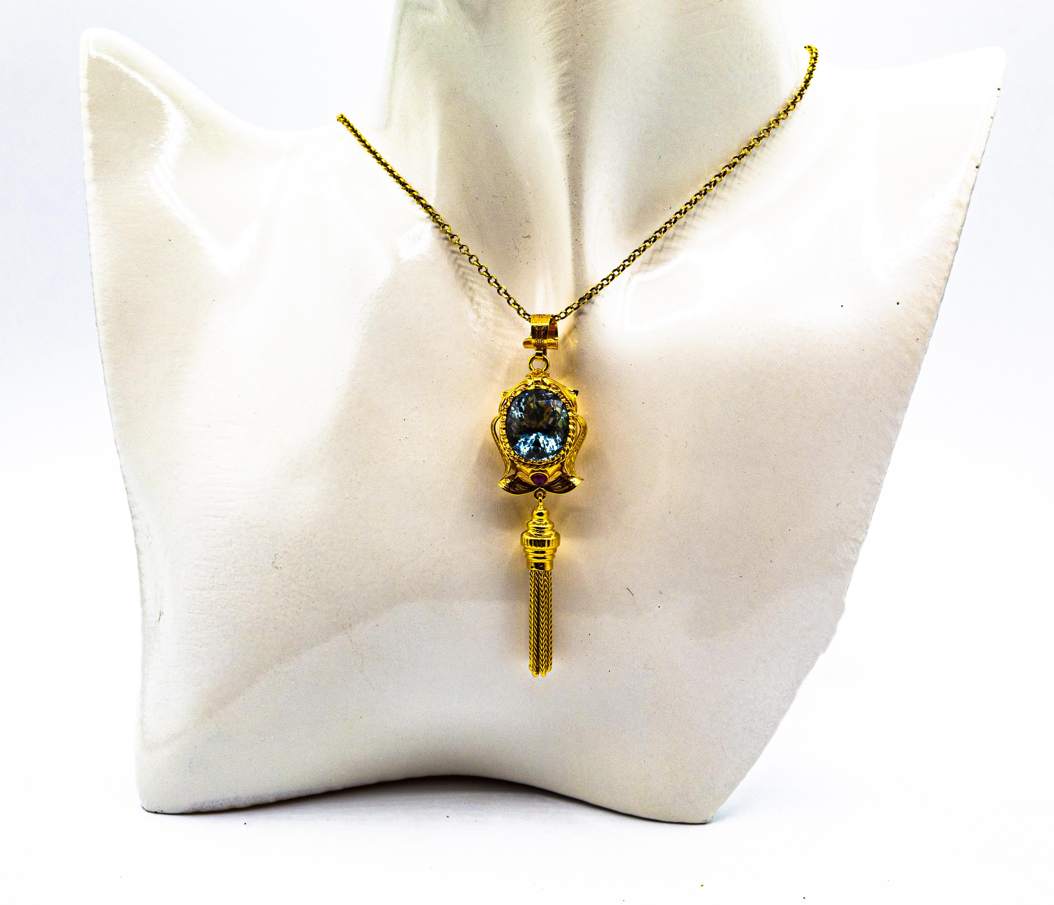 Art Deco Style Handcrafted Ruby Blue Topaz Yellow Gold Pendant Necklace For Sale 2