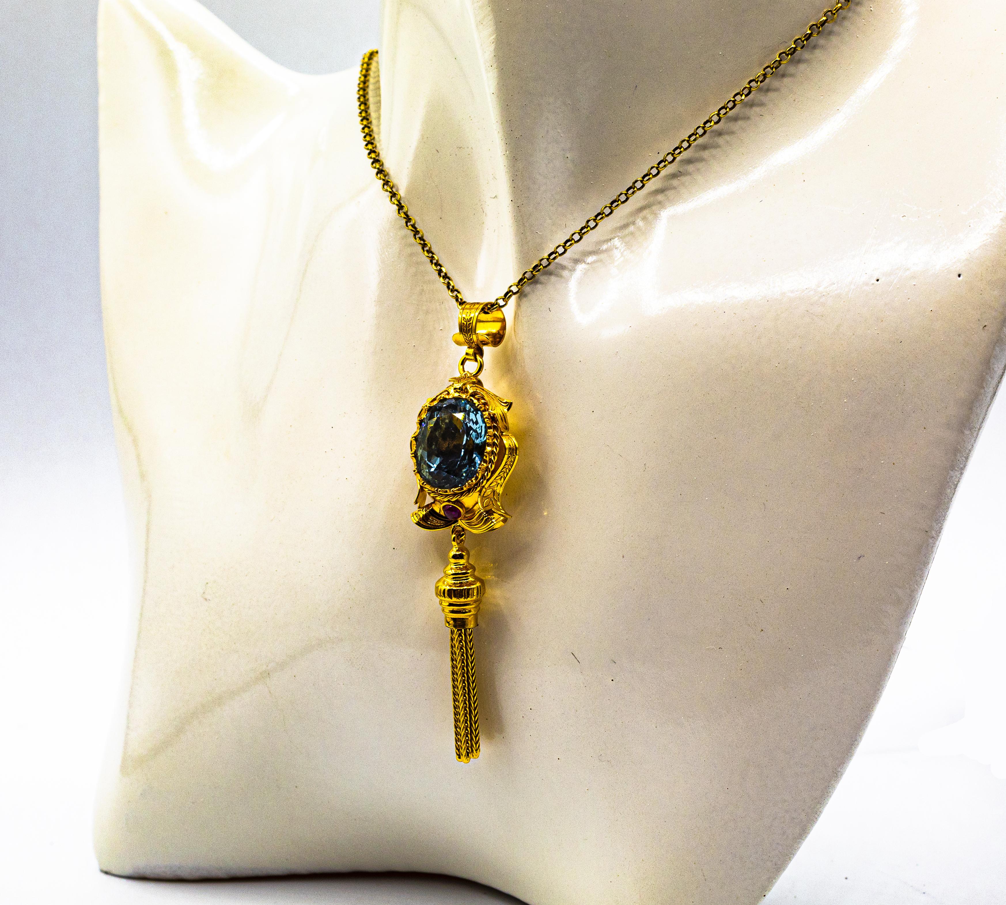 Art Deco Style Handcrafted Ruby Blue Topaz Yellow Gold Pendant Necklace For Sale 3