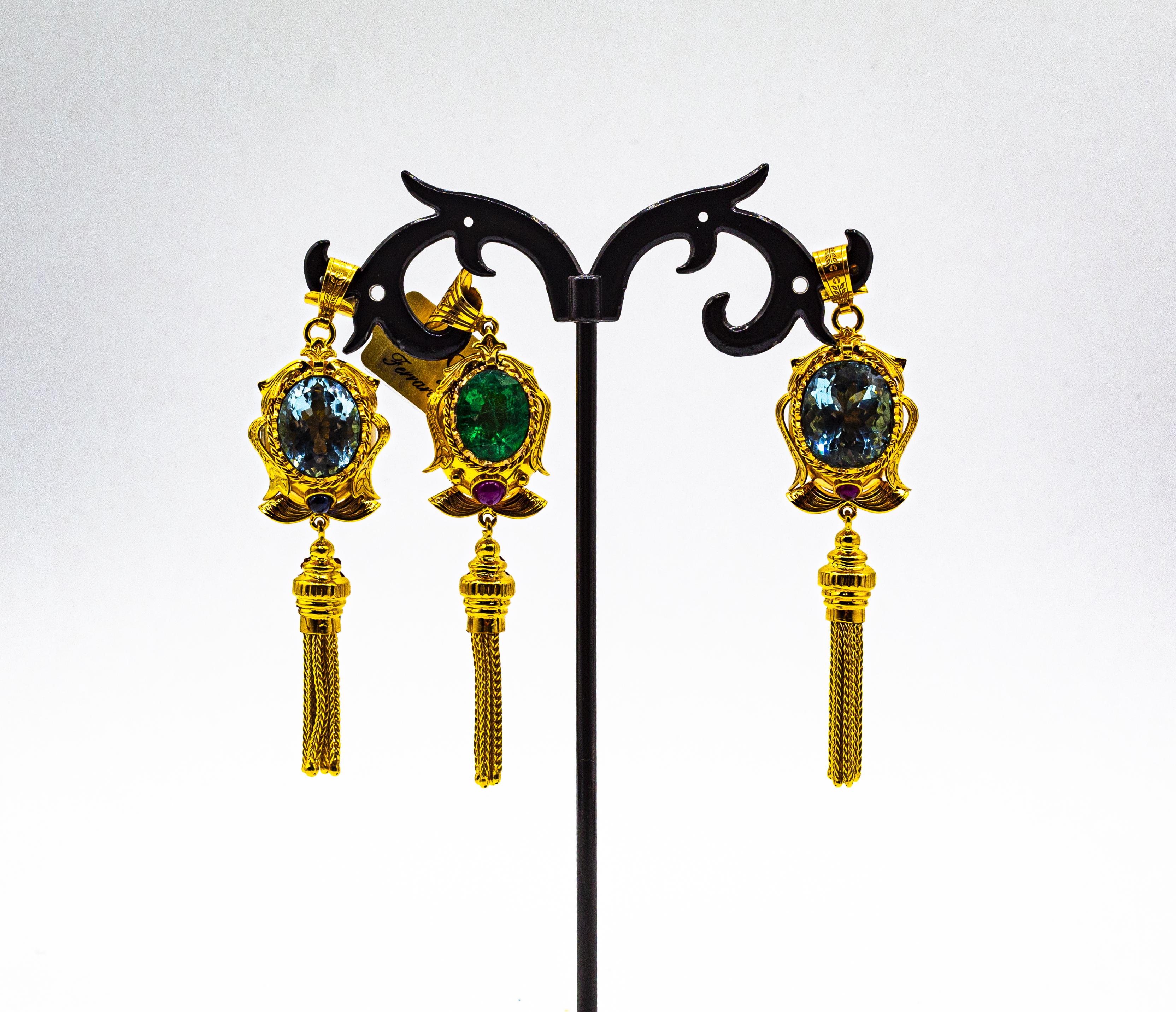 Art Deco Stil Handgefertigte Rubin-Blau-Topas-Gelbgold-Anhänger-Halskette im Angebot 3