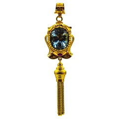 Art Deco Style Handcrafted Ruby Blue Topaz Yellow Gold Pendant Necklace