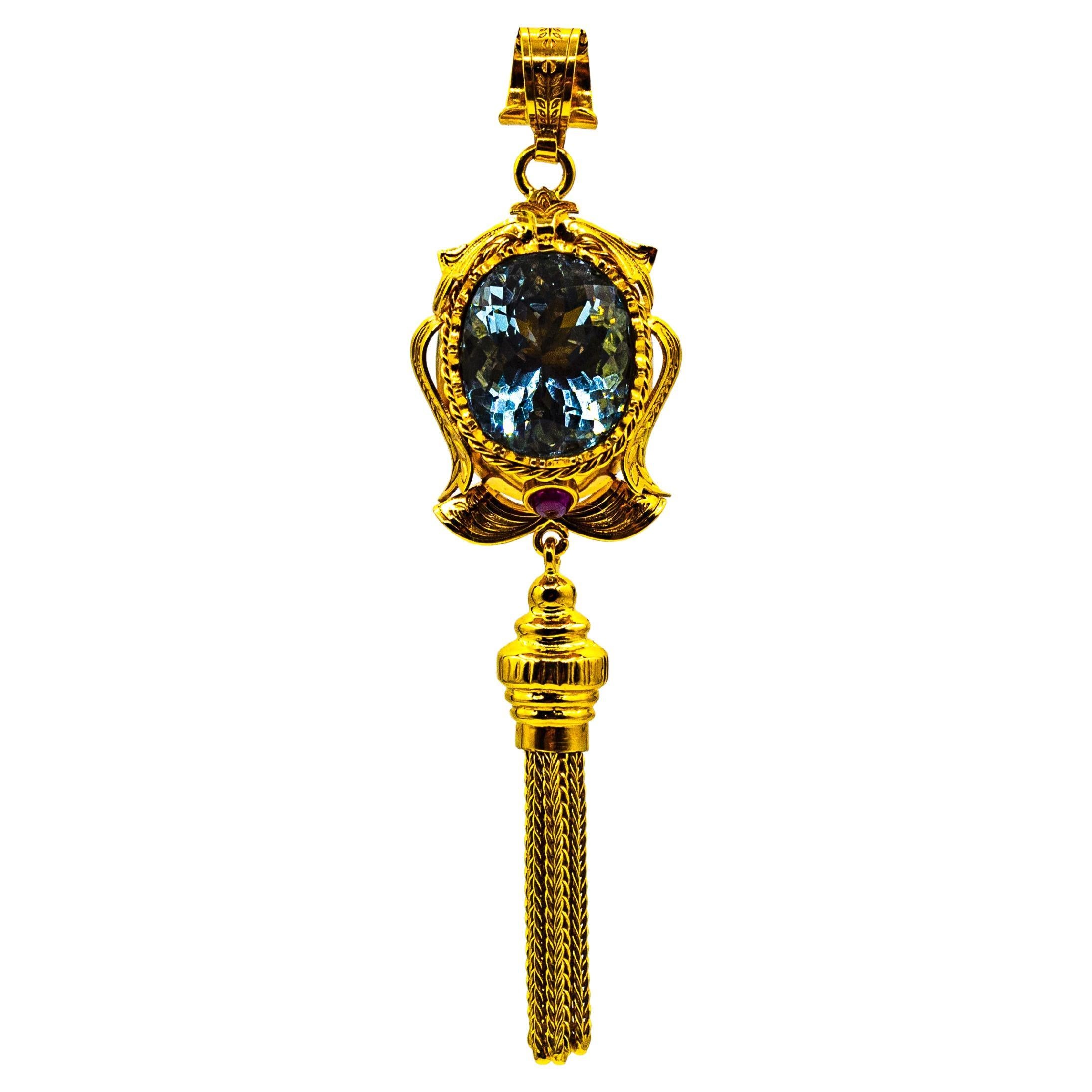 Art Deco Stil Handgefertigte Rubin-Blau-Topas-Gelbgold-Anhänger-Halskette