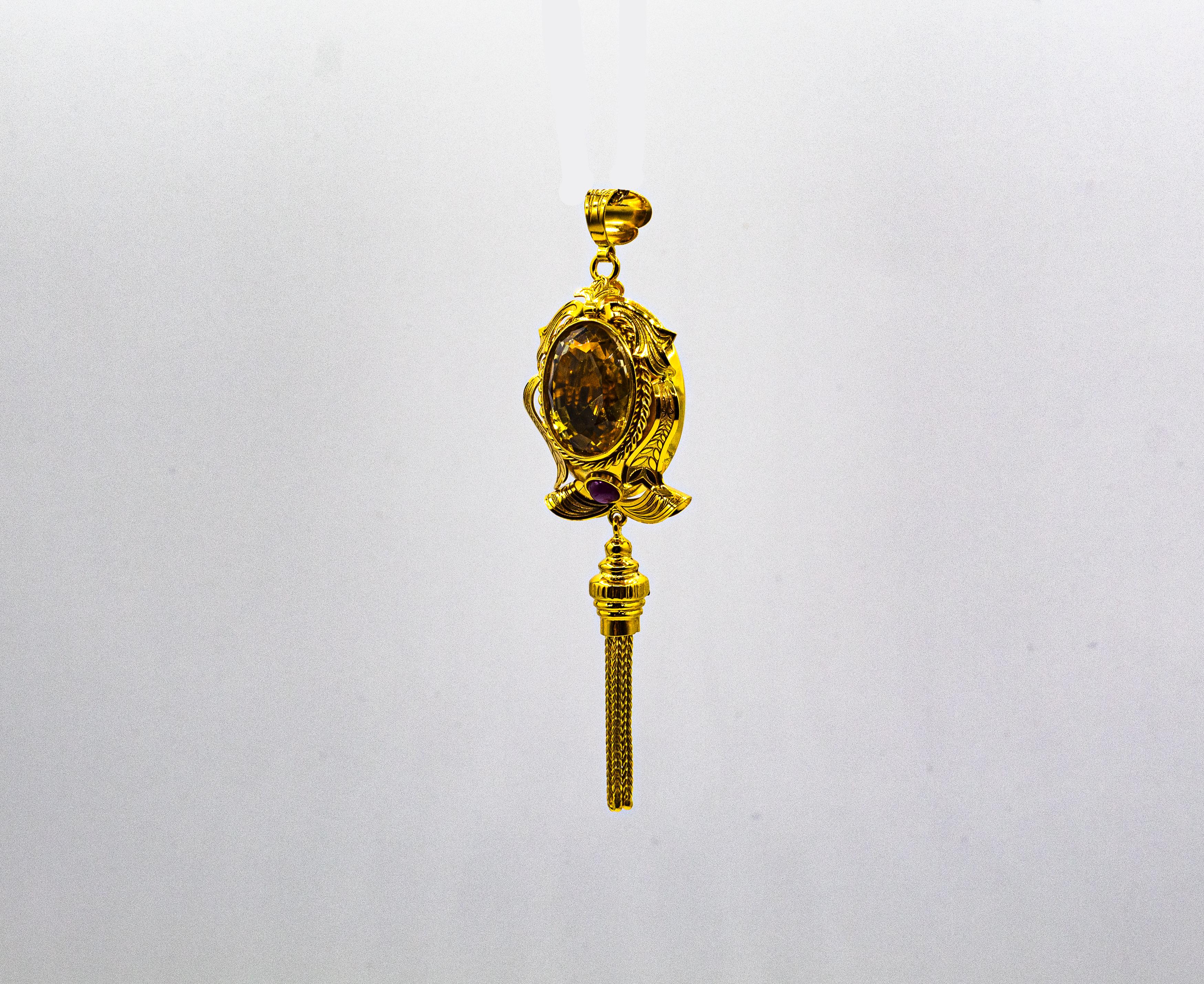 Art Déco Collana con ciondolo in oro giallo con rubino e citrino realizzata a mano in stile Art Deco in vendita