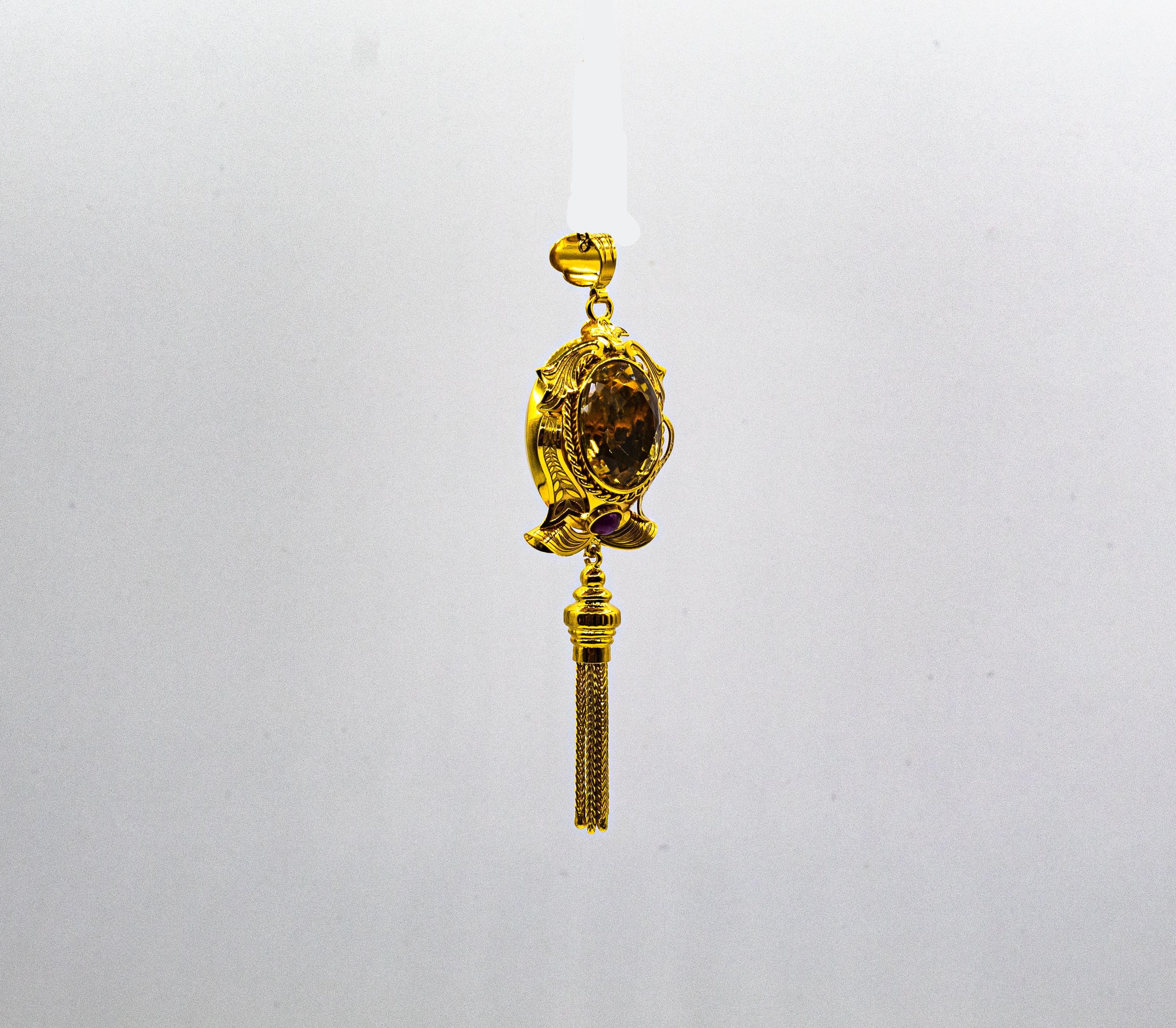 Art Deco Stil Handgefertigte Rubin Citrin Gelbgold Anhänger Halskette im Zustand „Neu“ im Angebot in Naples, IT