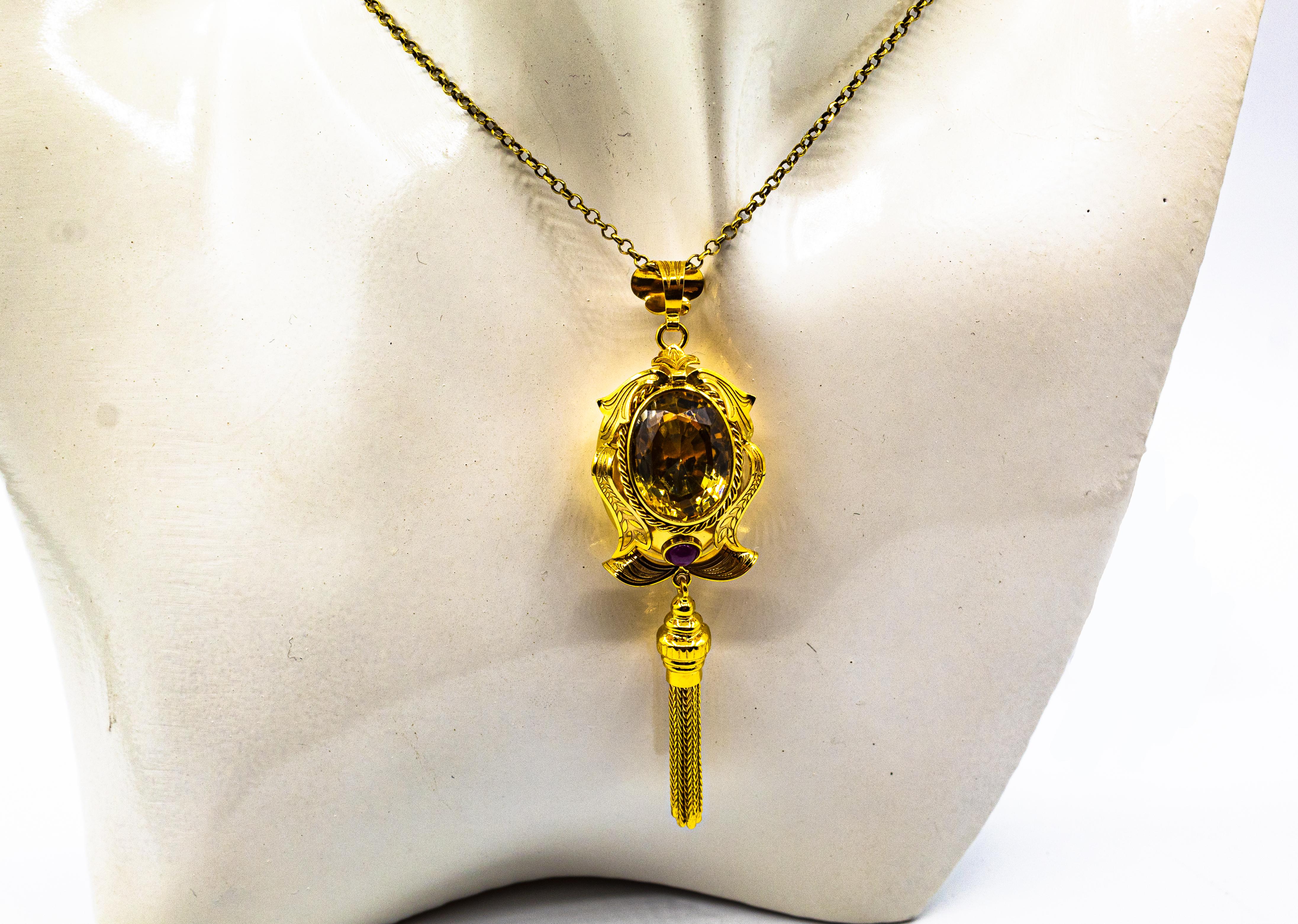 Women's or Men's Art Deco Style Handcrafted Ruby Citrine Yellow Gold Pendant Necklace For Sale